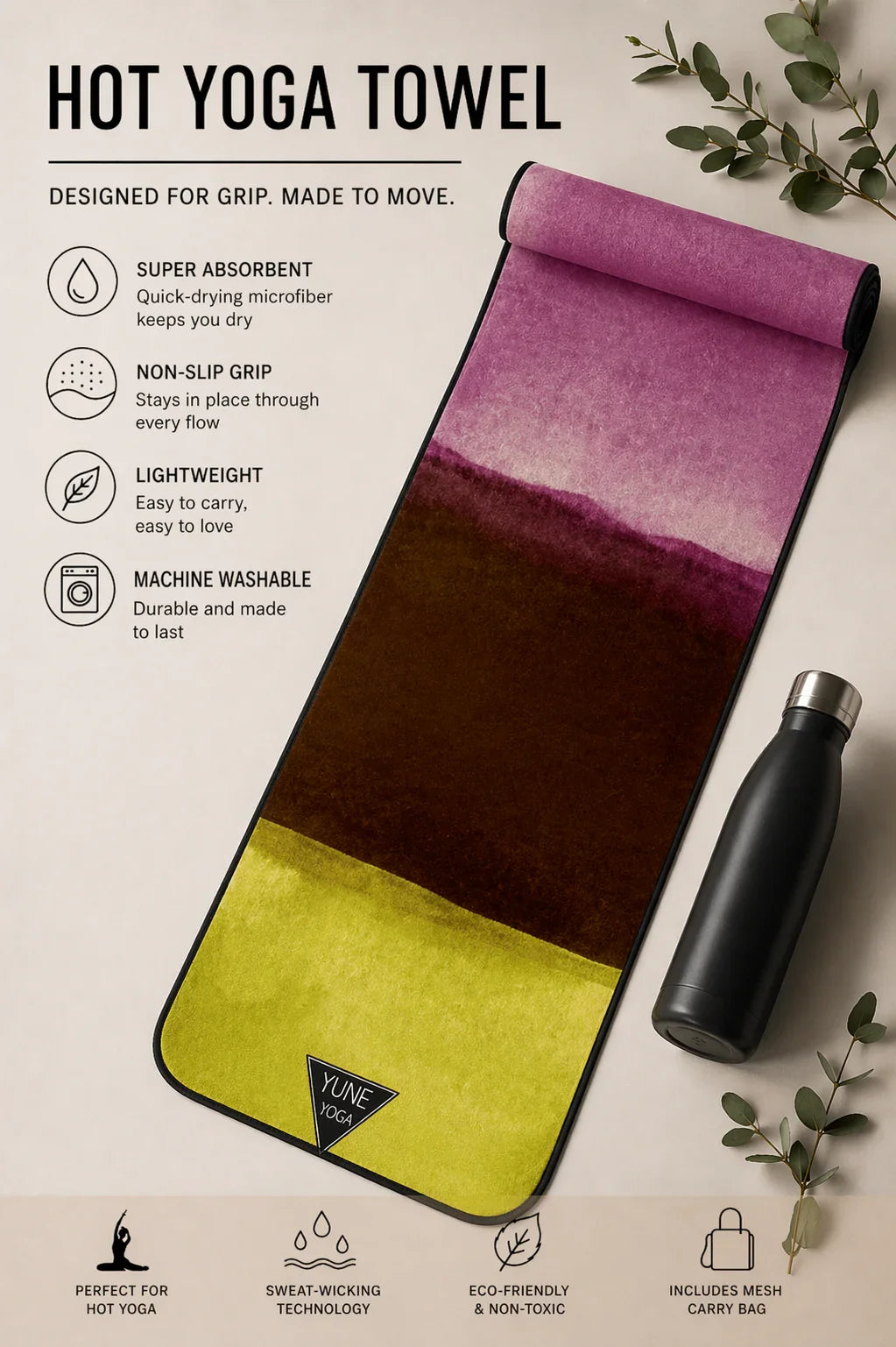 Colorful microfiber hot yoga towel with gradient design, next to a black water bottle and greenery, displaying non-slip, sweat-wicking, and eco-friendly features.