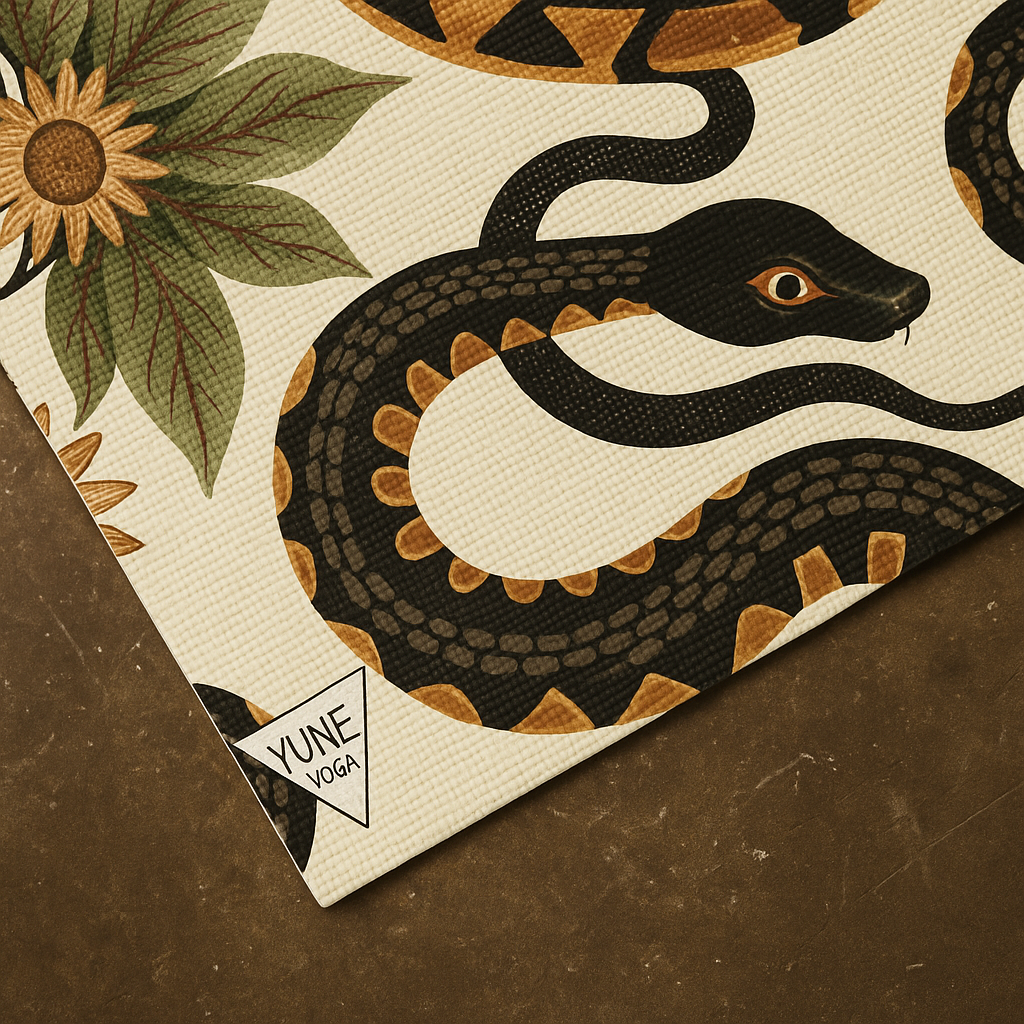 Yoga mat with snake and floral design on a brown surface, featuring the brand 'Yune Yoga'.