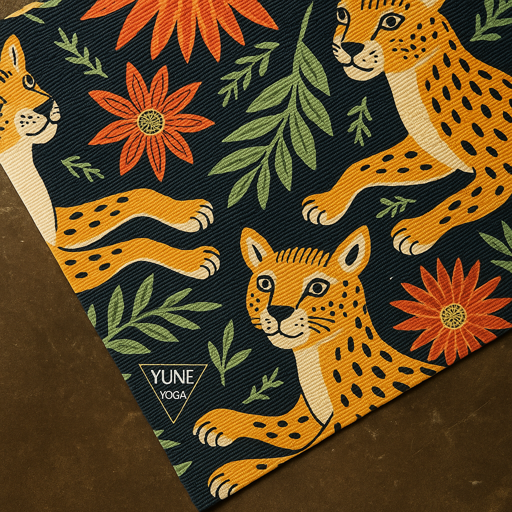 Yume Yoga mat with leopards, flowers, and leaves on a dark background