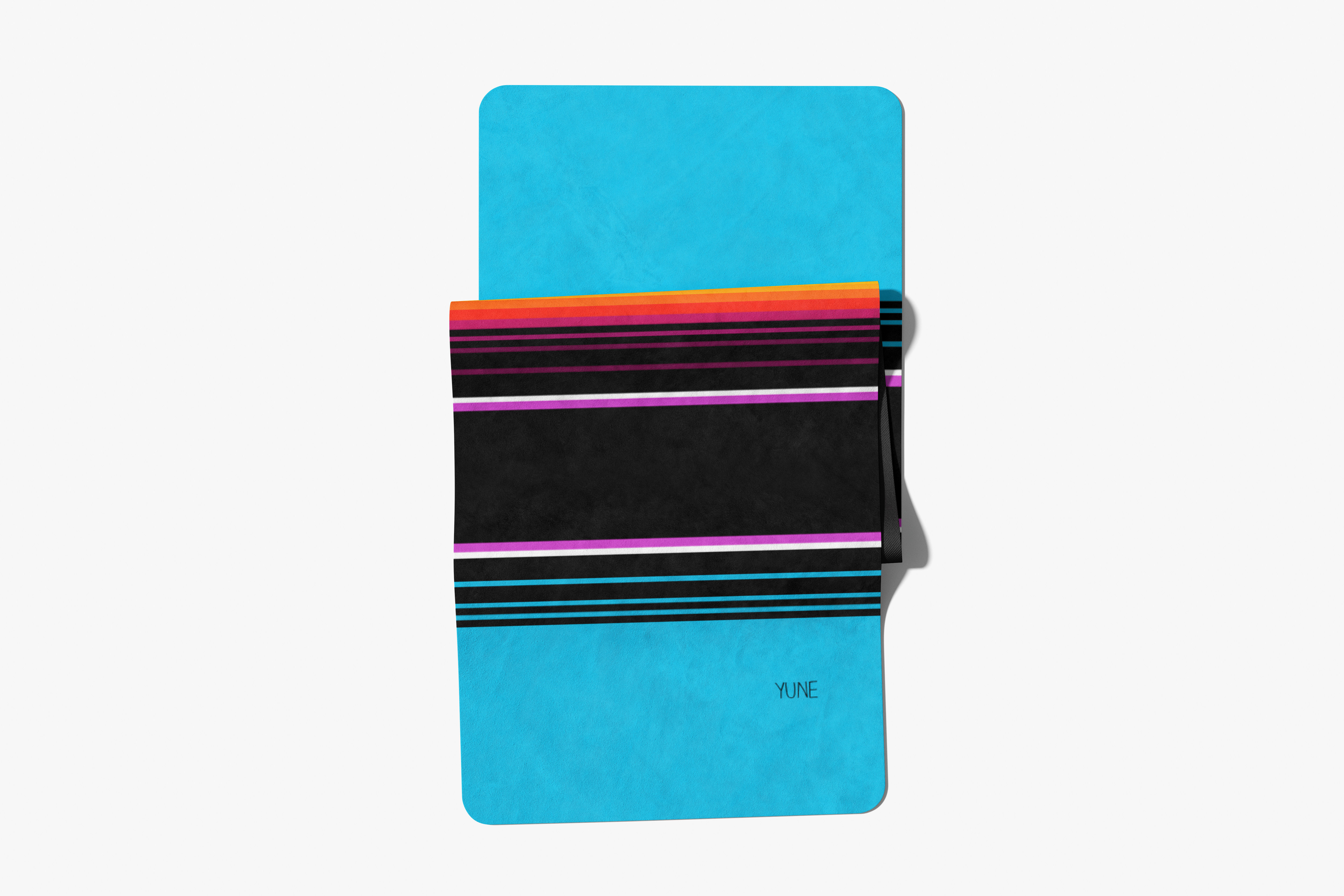 Turquoise cardholder with colorful stripes on a white background