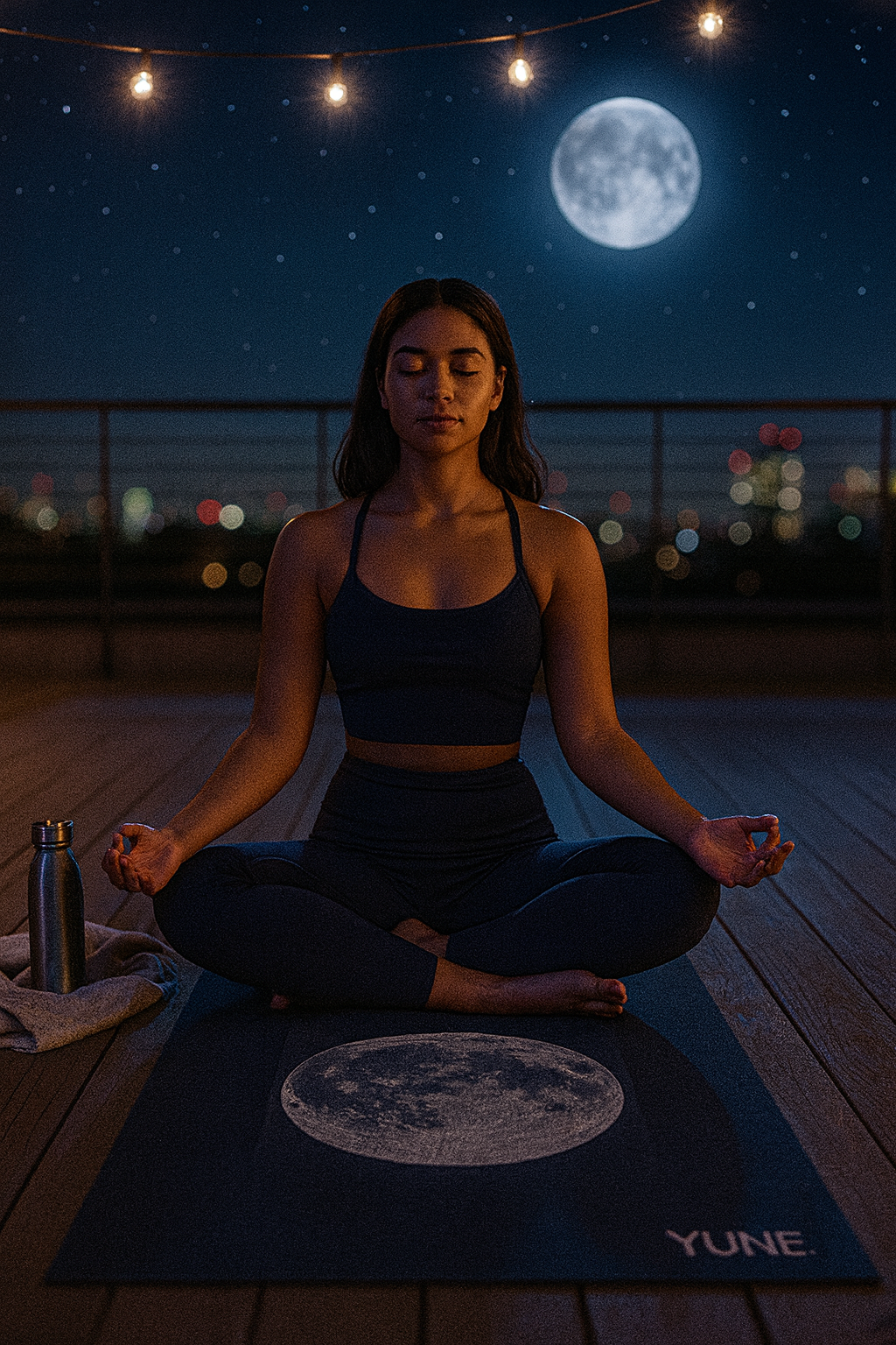 Woman meditating on a Yune mat under a night sky with a full moon.