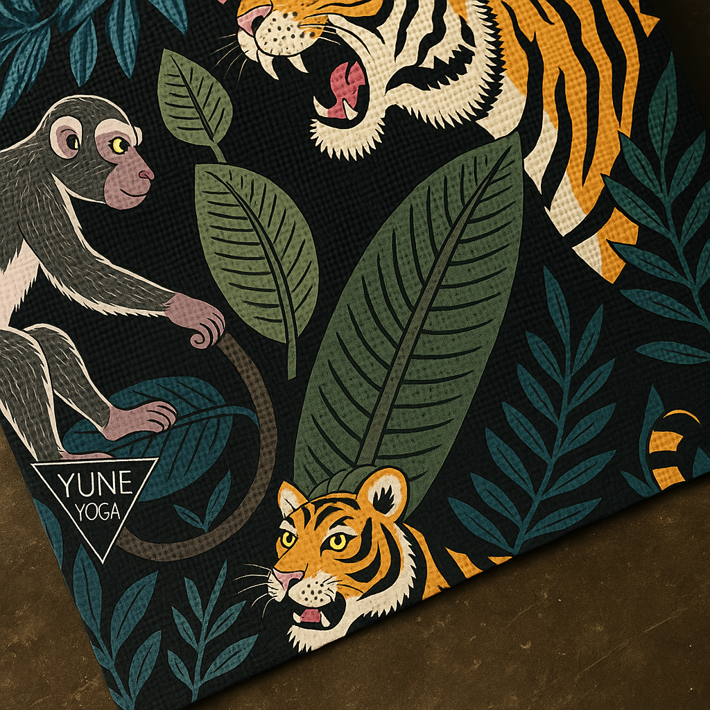 Yoga mat with tiger and monkey design and YUNE Yoga branding