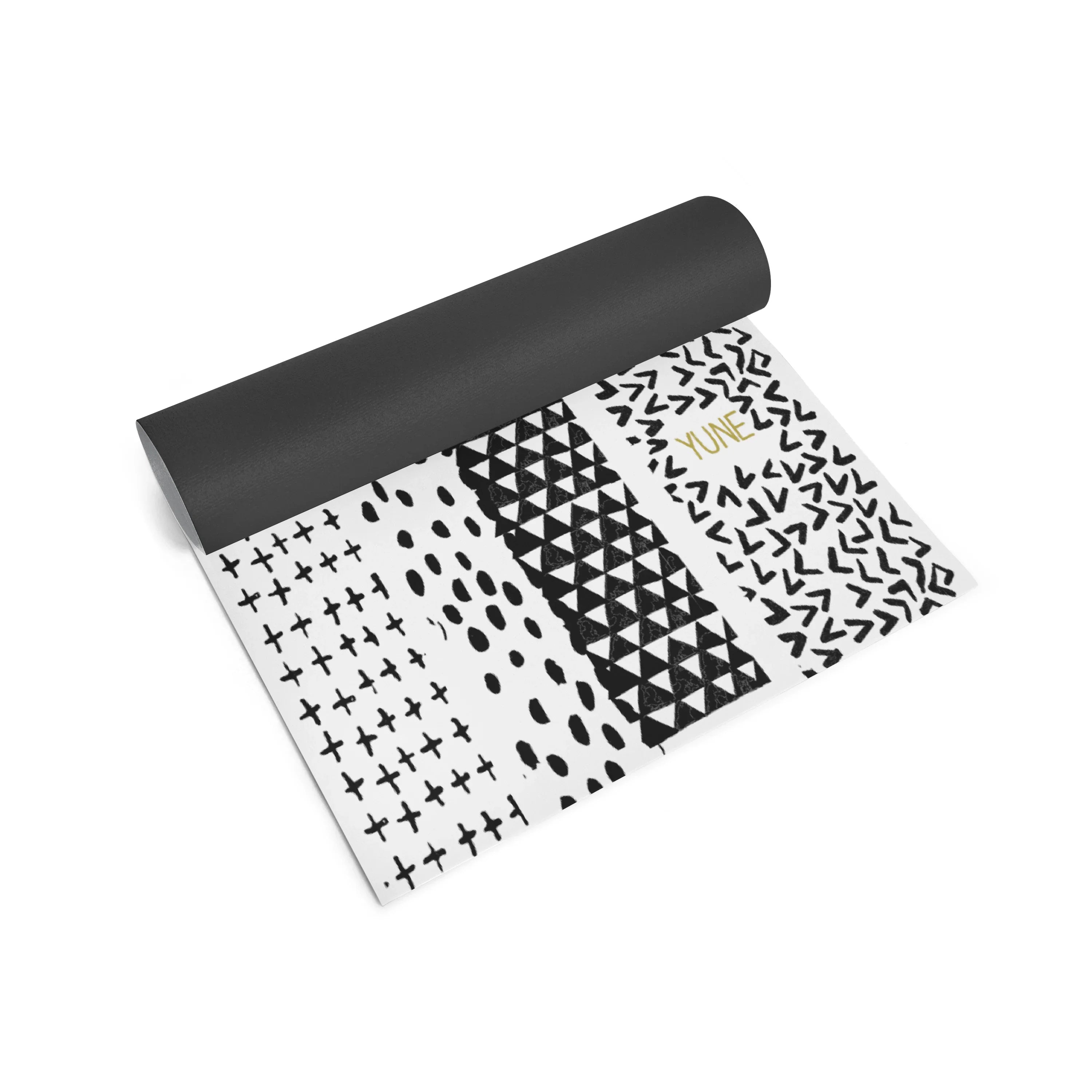 Yoga mat with black and white patterns on a white background