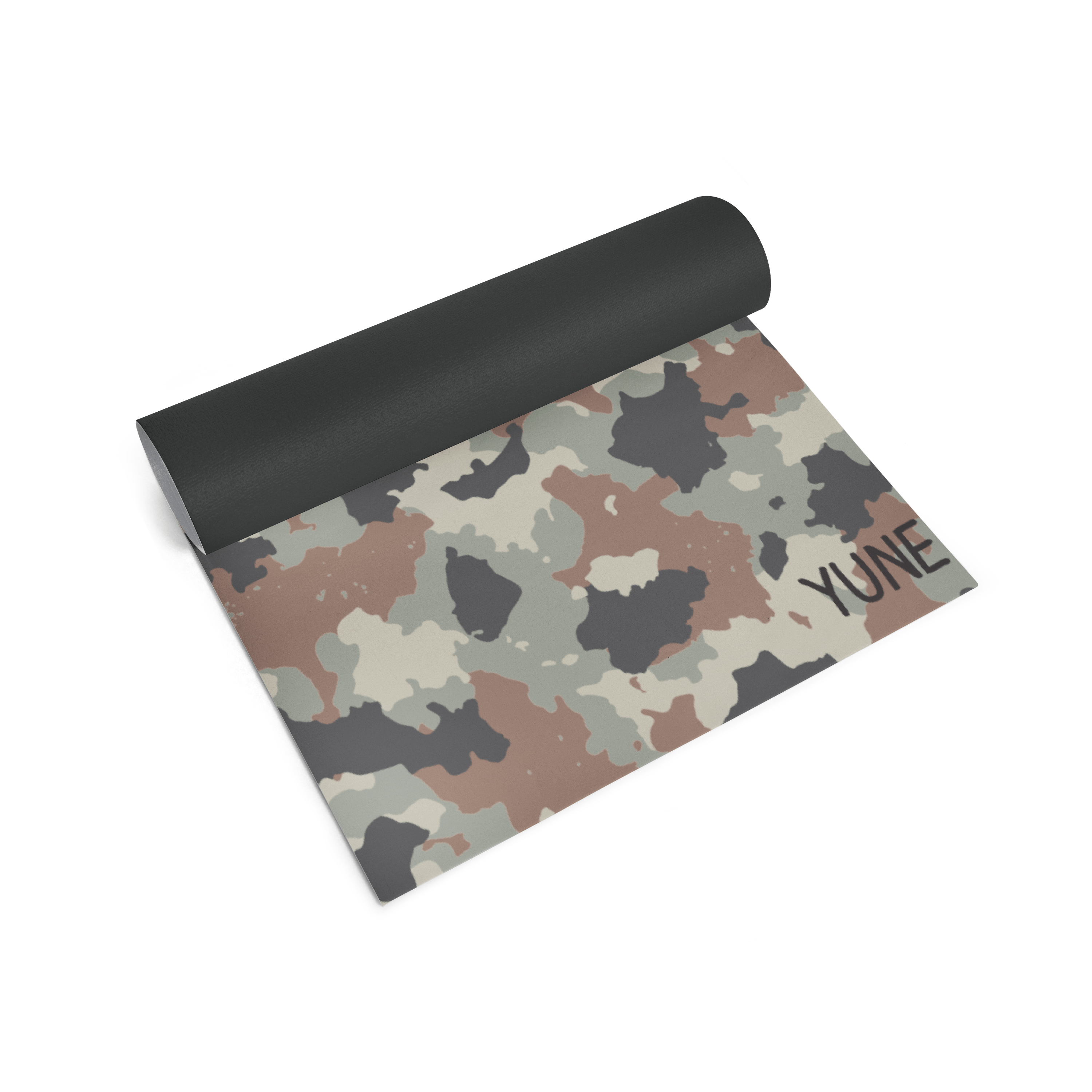 Camouflage-patterned yoga mat with 'YUN' branding on a white background