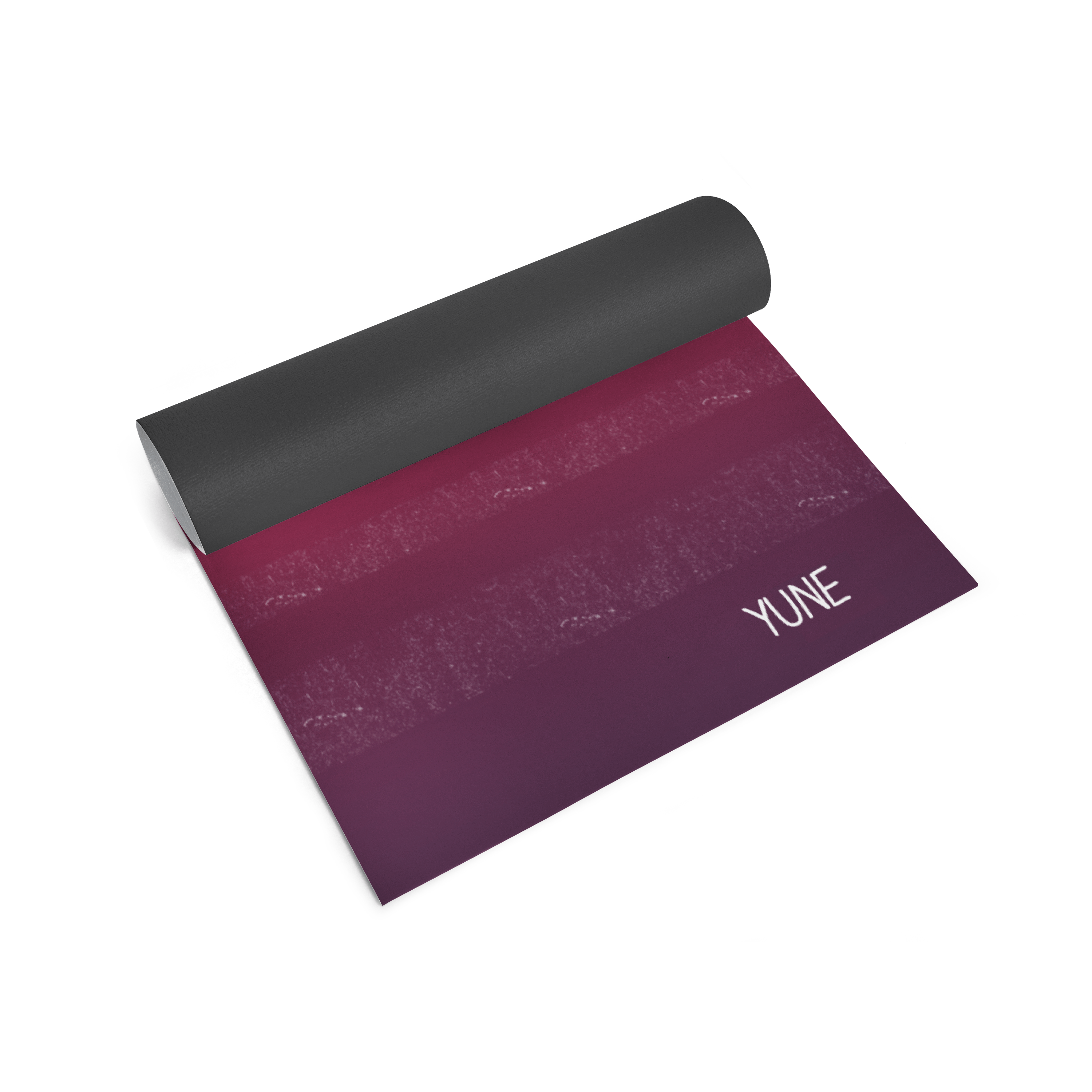 Yogamatte mit 'YUNE' Aufdruck auf einem weißen Hintergrund