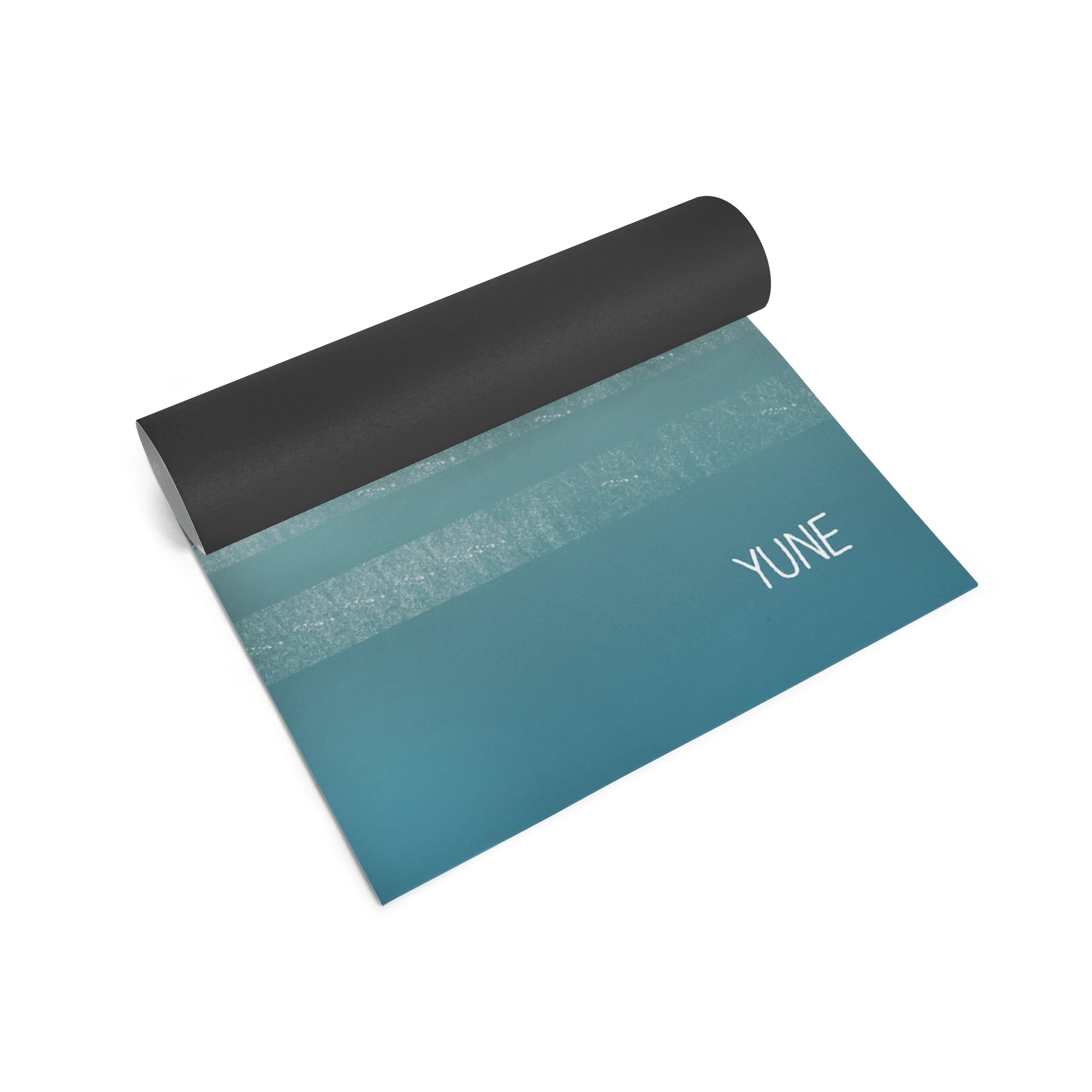 Teal yoga mat with black rolled-up end on a white background
