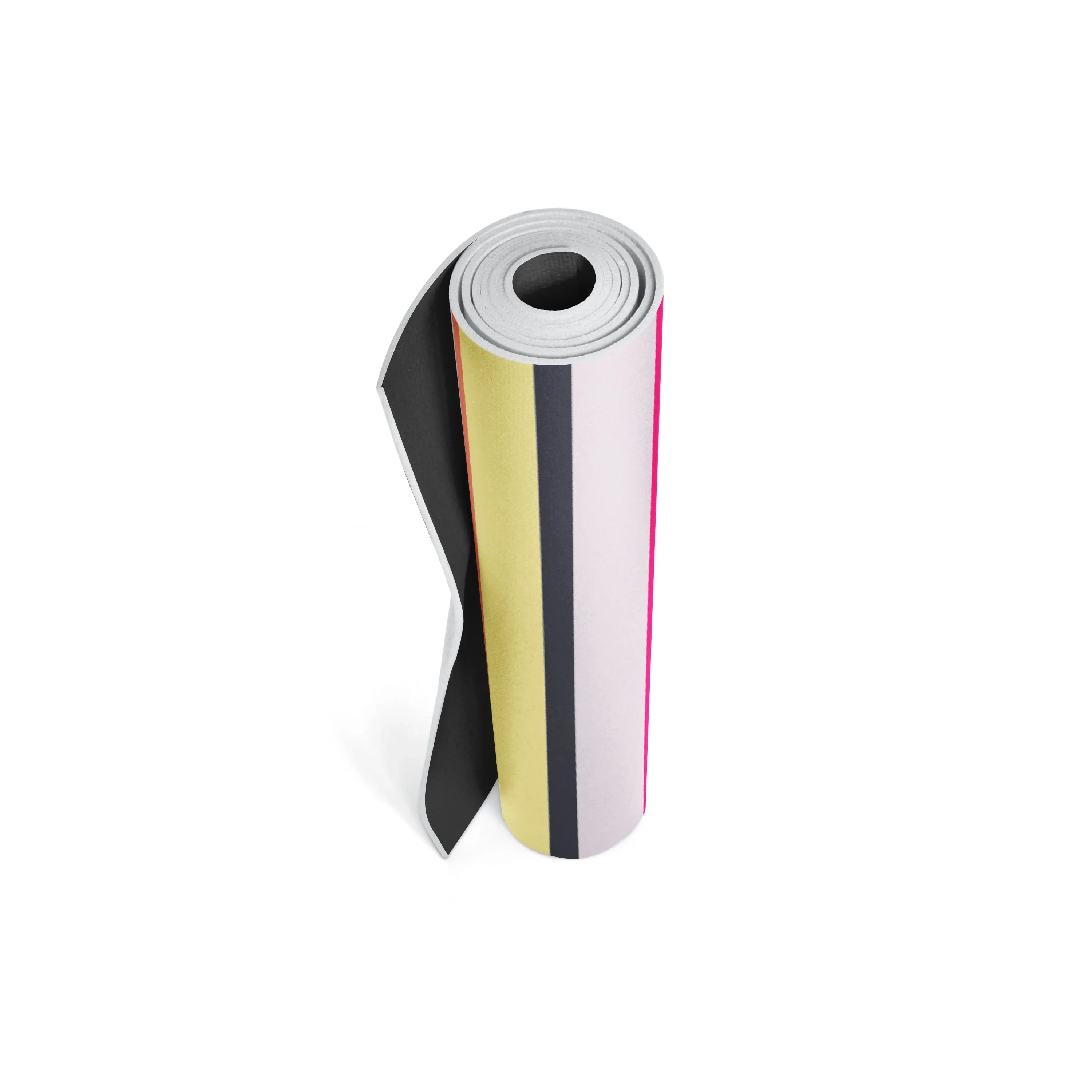Roll of vinyl with black, yellow, and white stripes on a white background