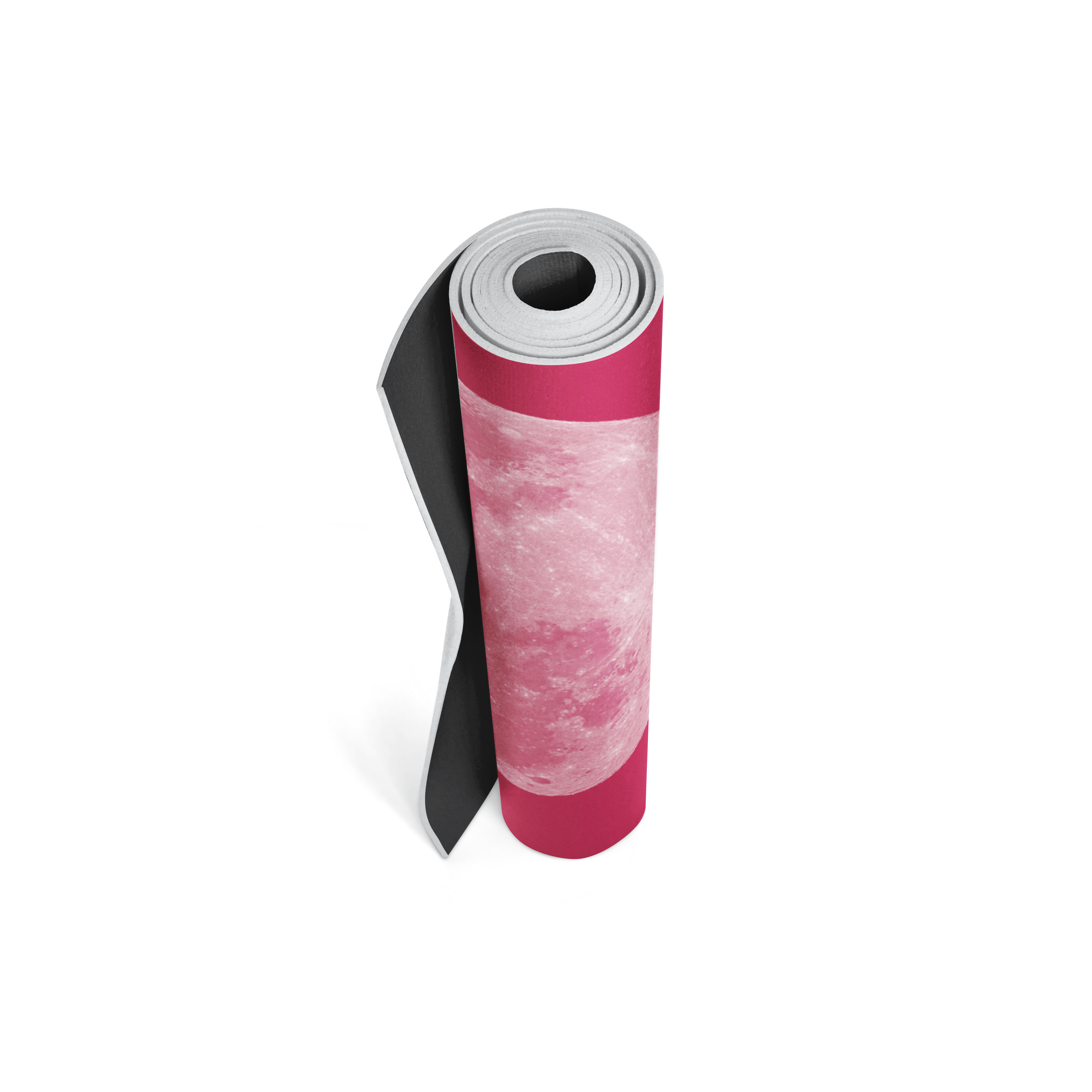 Pink and black yoga mat on a white background