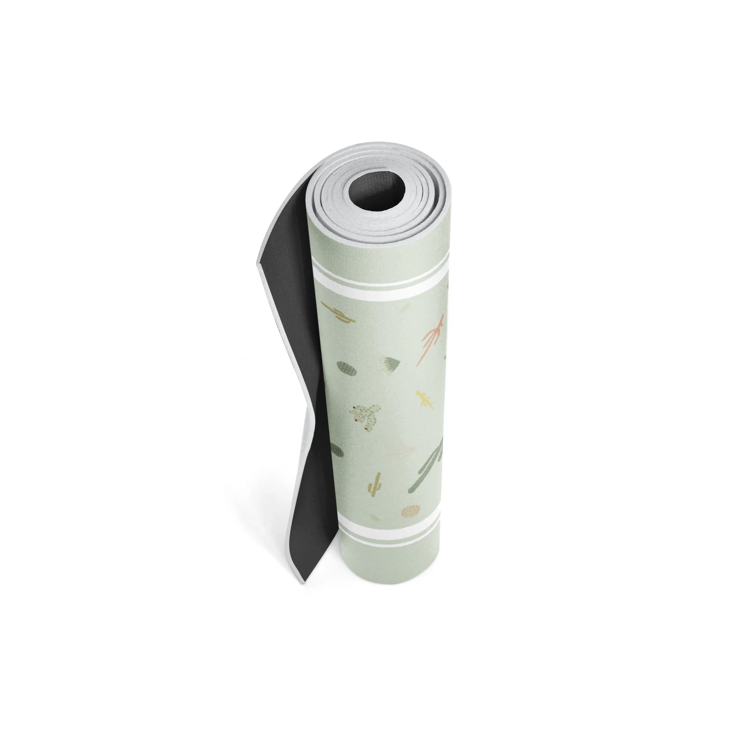 Rolled-up yoga mat with a pattern on a white background