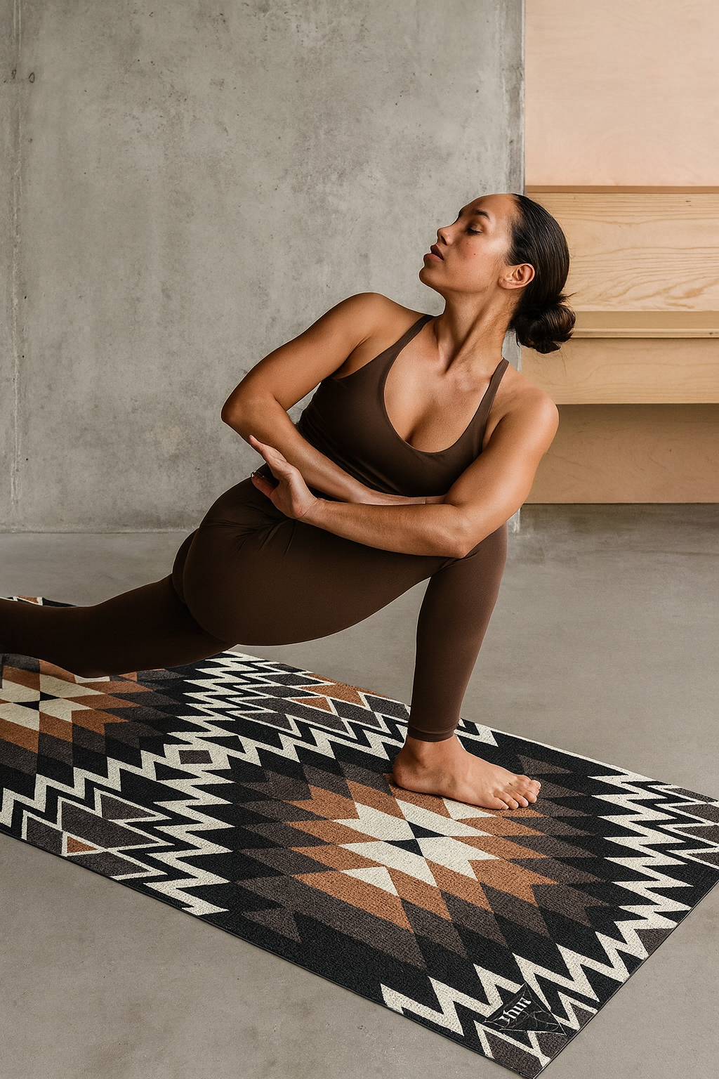 Woman in a yoga pose on a patterned mat with a neutral background
