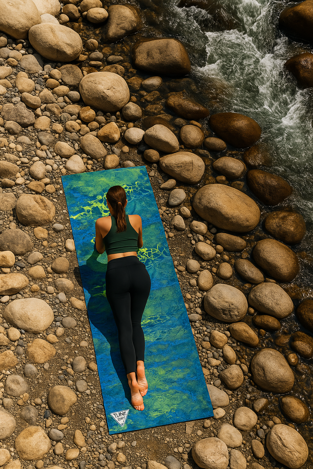 Person practicing yoga on a mat by a rocky stream