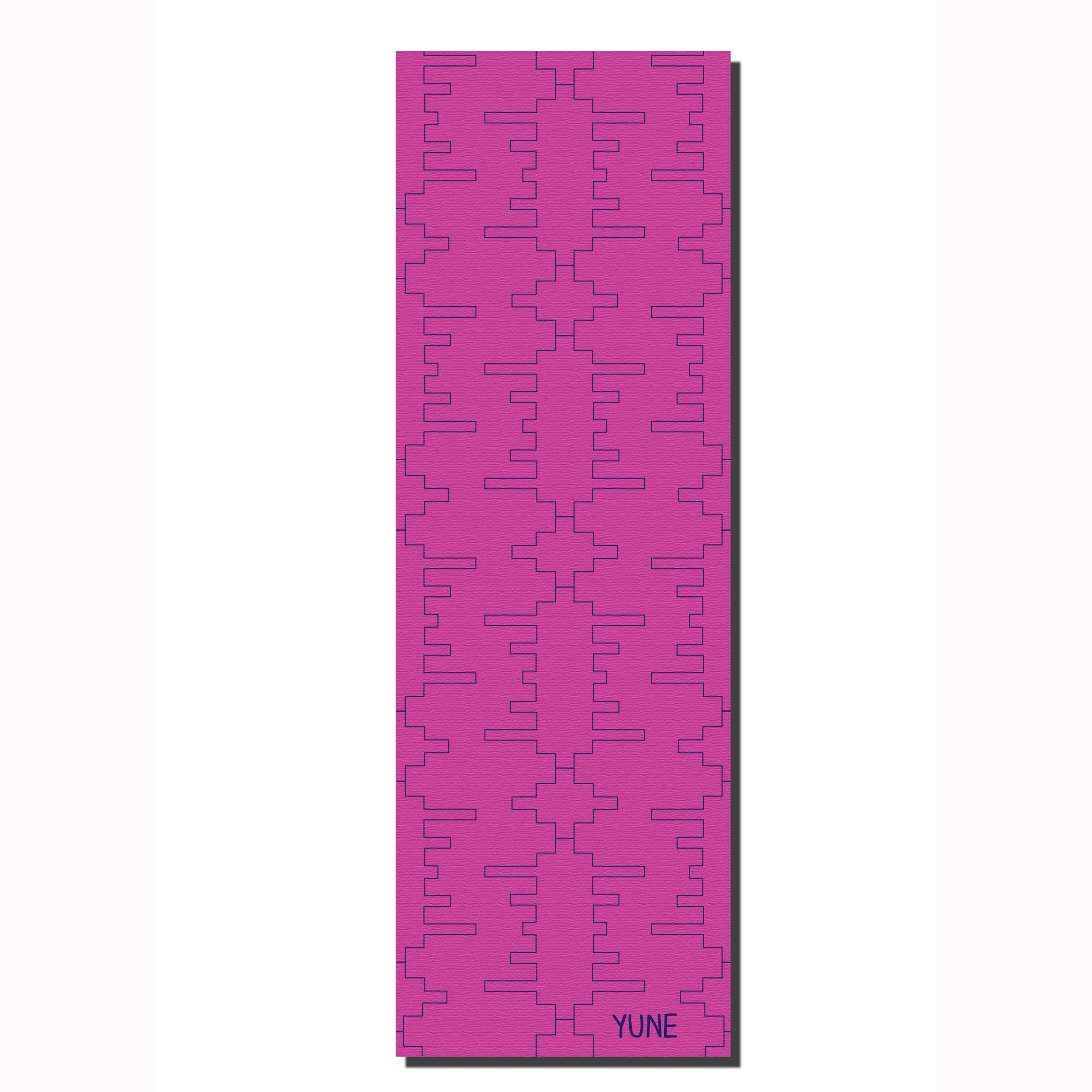 Purple patterned mat with 'YUNE' branding on a white background