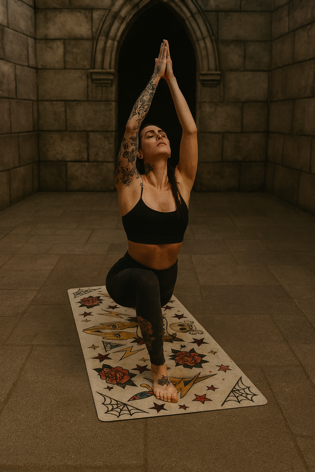 Woman practicing yoga in a stone-walled room with a decorative yoga mat.