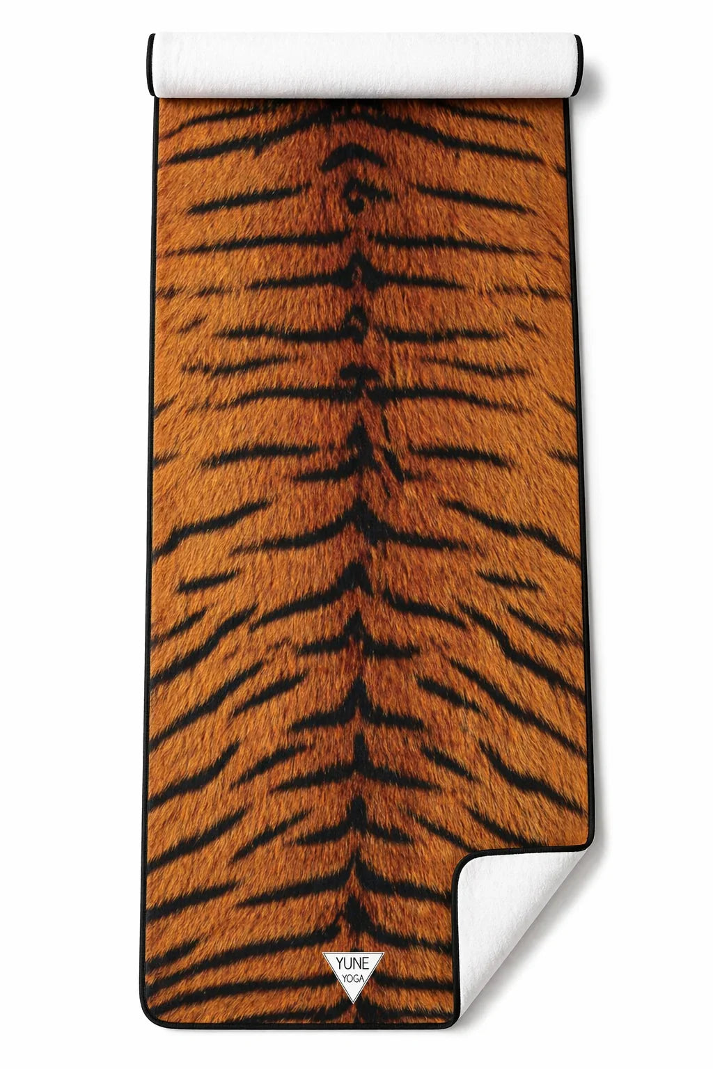 Tiger print yoga towel with a visible logo, rolled at the top, isolated on white background