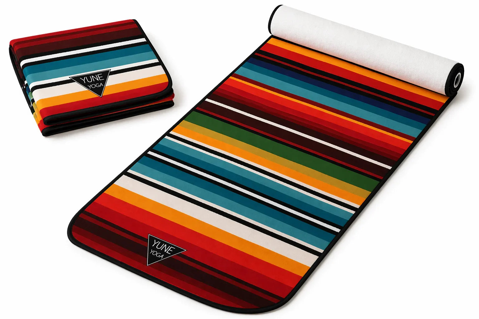 Colorful striped yoga mat and matching folded mat on white background