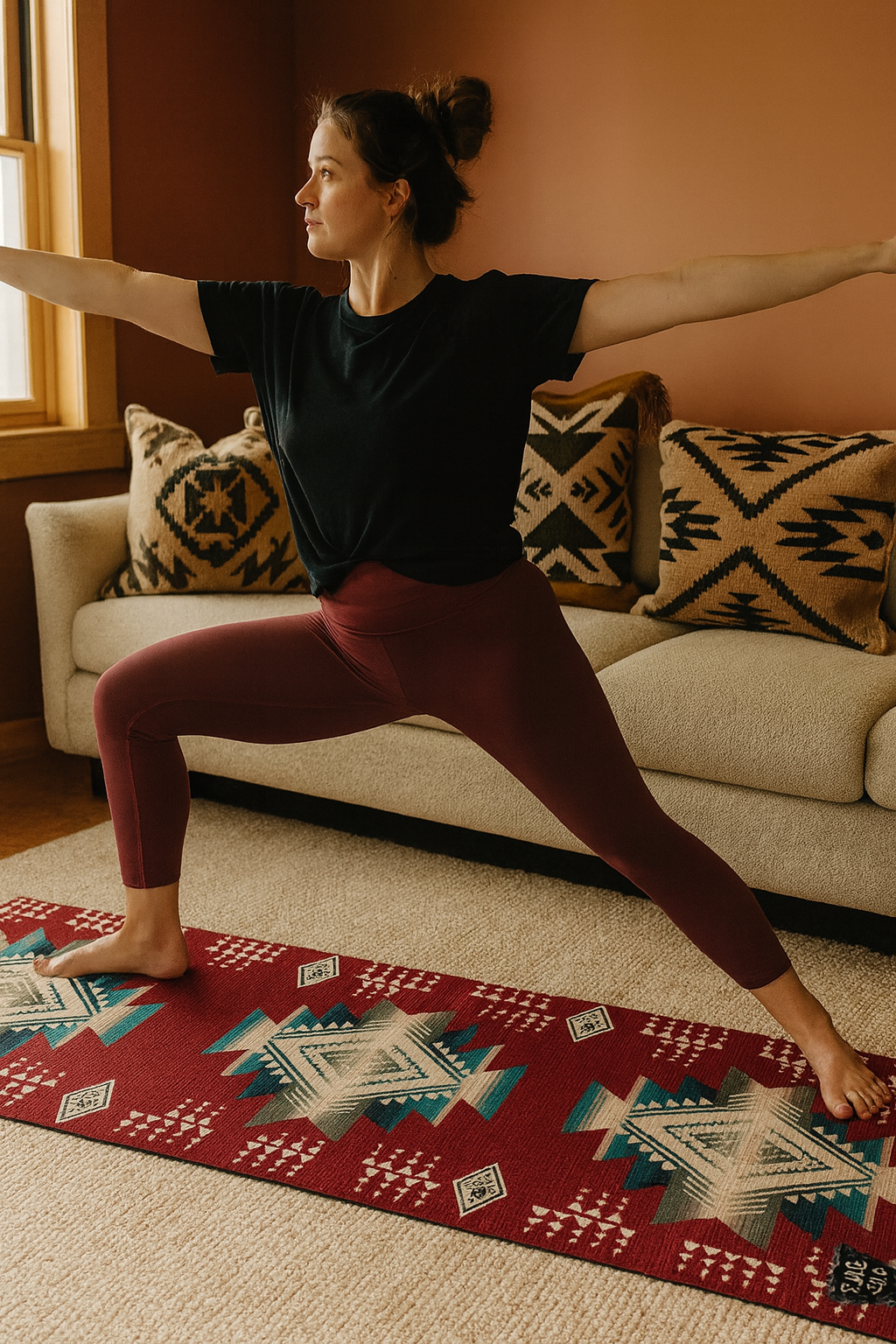 Woman practicing yoga in a living room with a red patterned mat