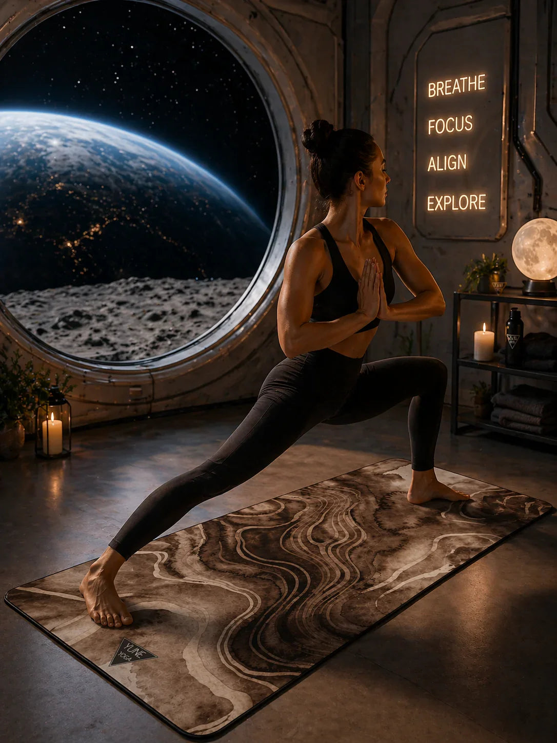 Woman practicing yoga on patterned mat in futuristic space room with Earth visible outside window