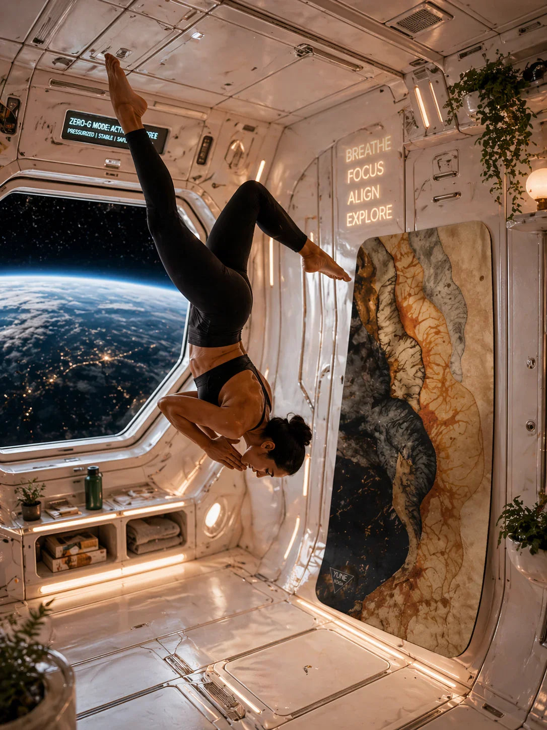 Woman doing yoga handstand on art-patterned mat in zero gravity aboard a spacecraft