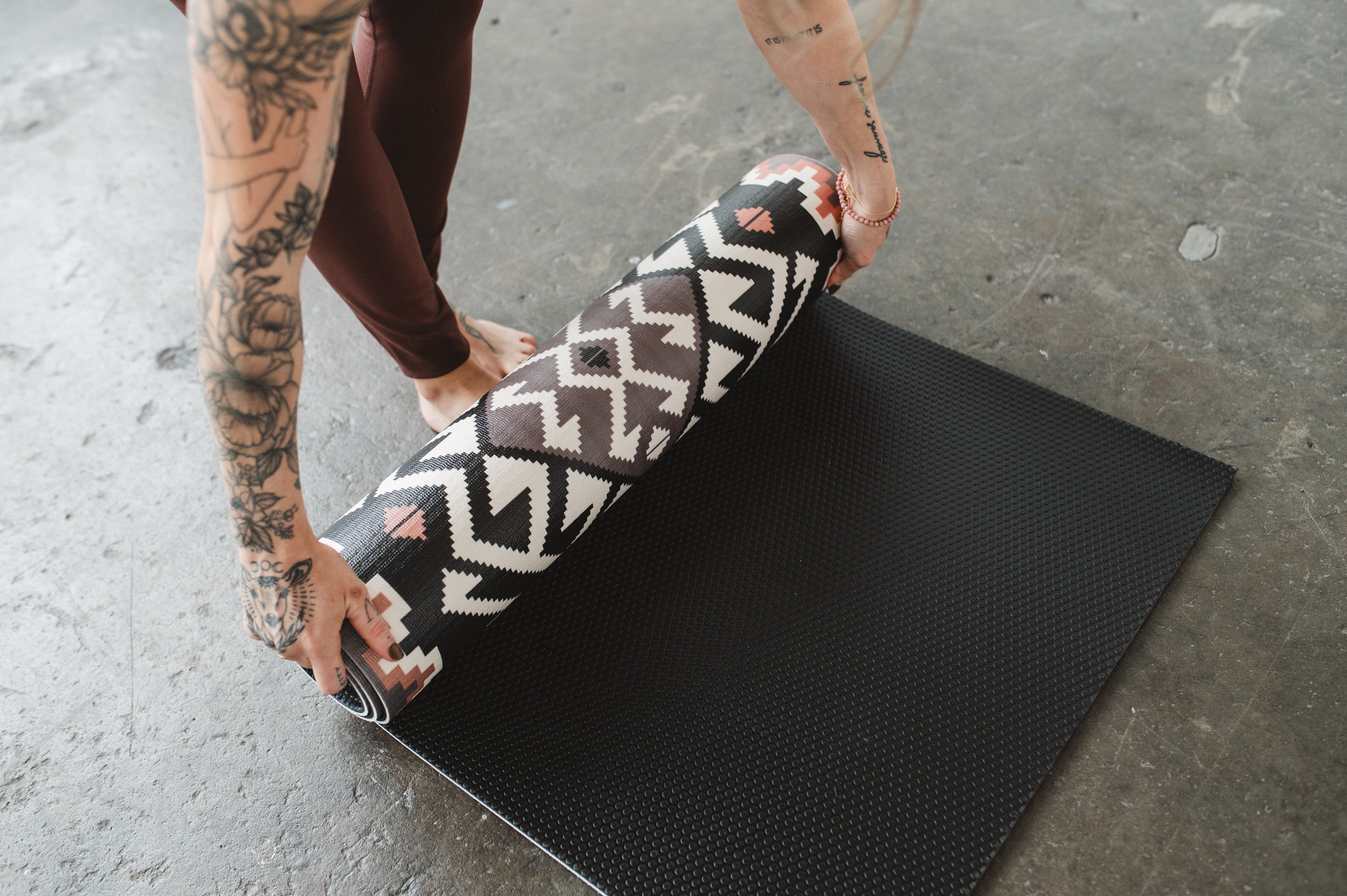 brown printed yoga mat