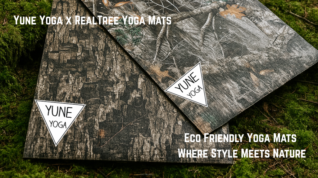 Two Yune Yoga mats with a camouflage pattern on a grassy background