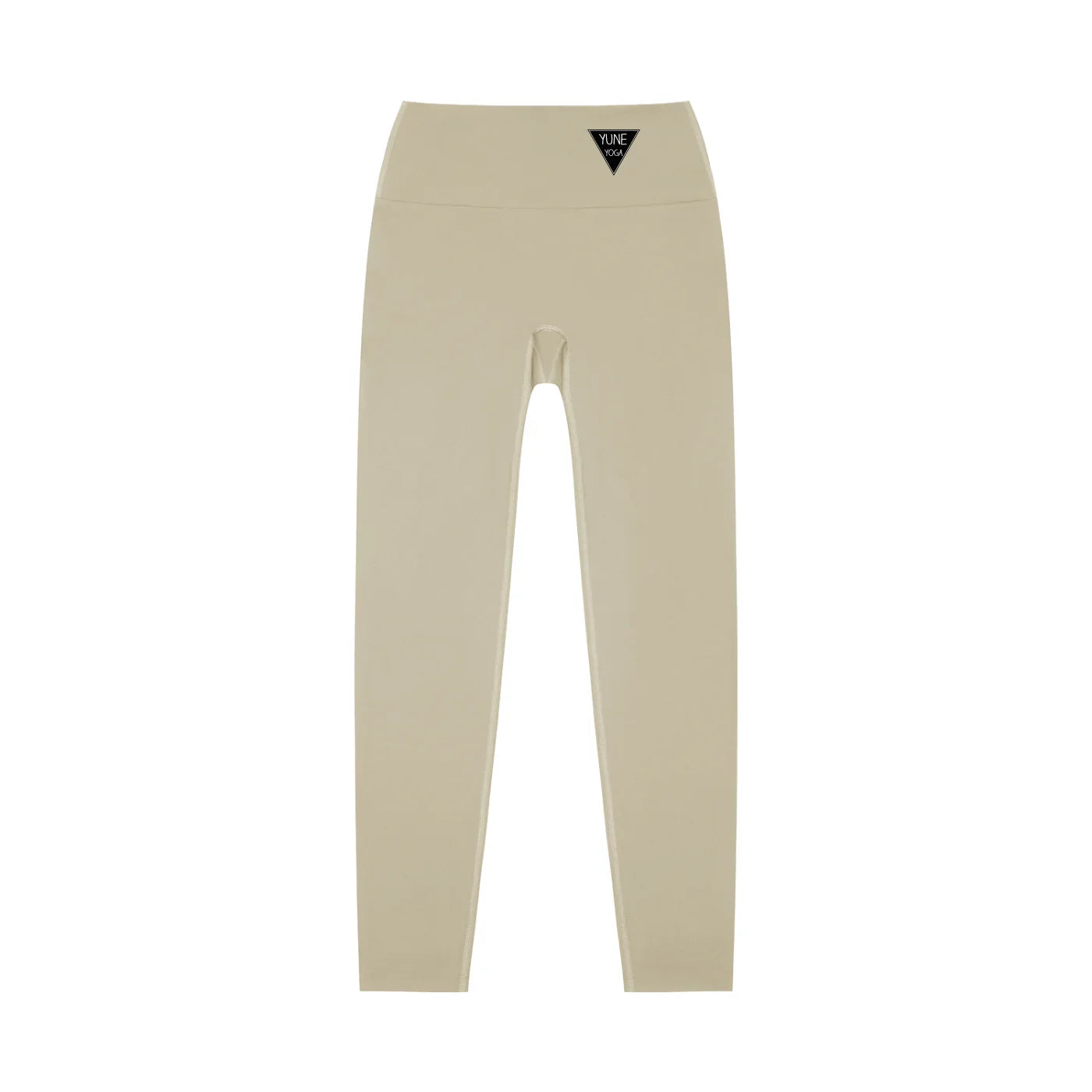Beige high-waisted yoga leggings with a small triangle logo on the waistband