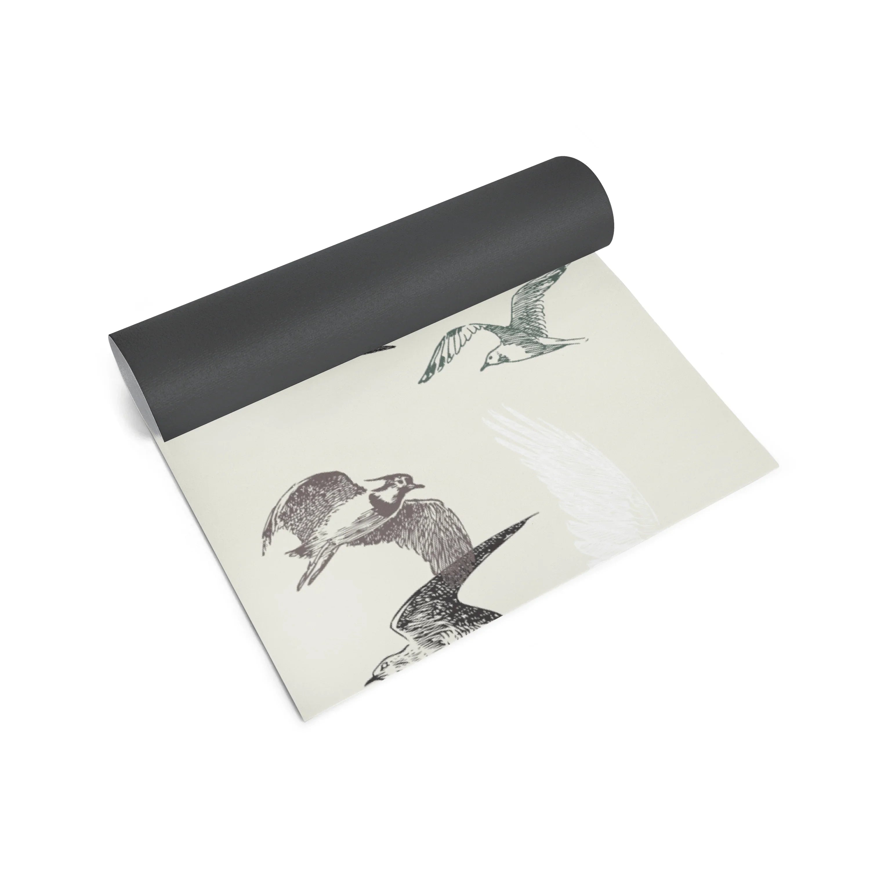 Yoga mat with bird illustrations on a white background