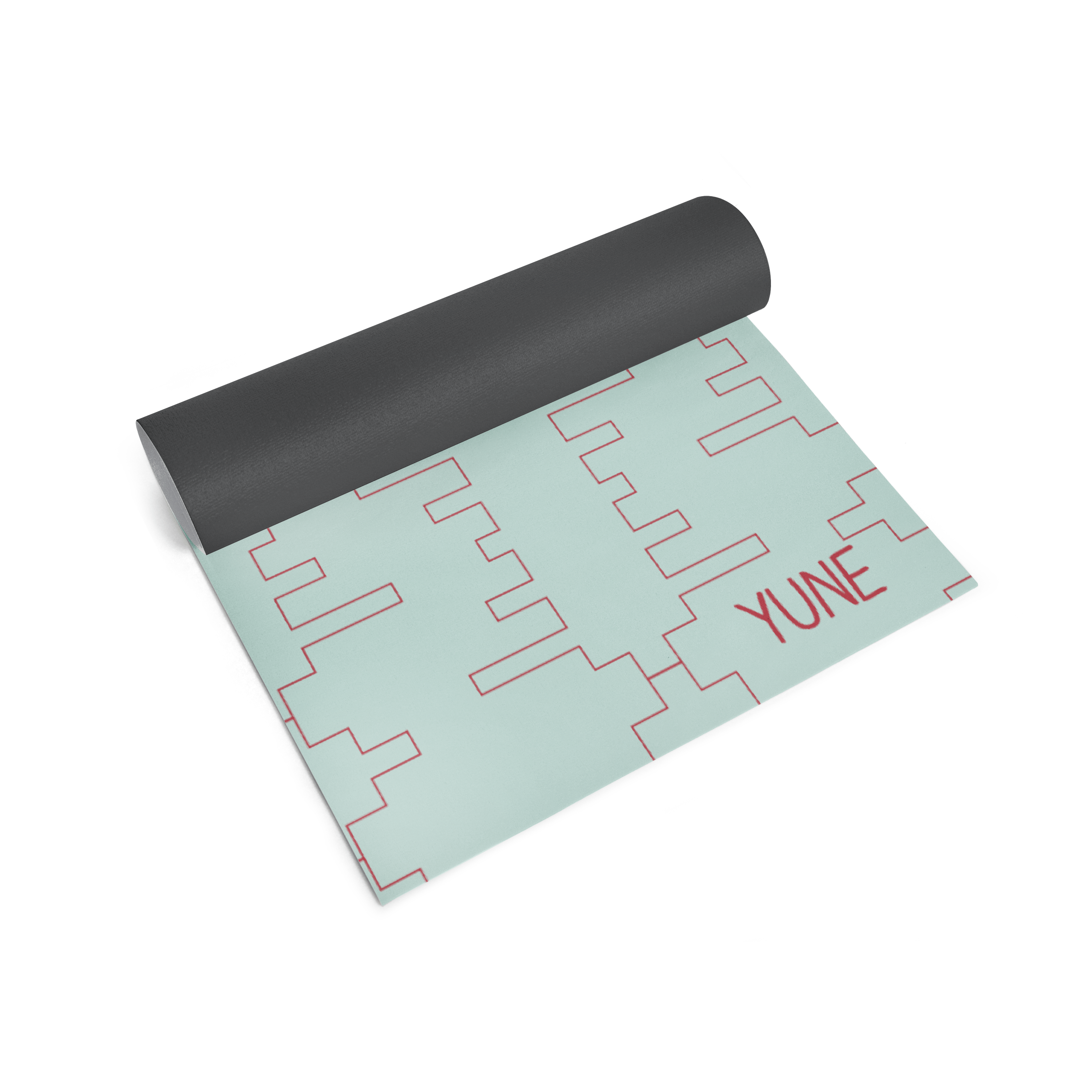 Yoga mat with geometric pattern and 'YUNE' branding on a white background