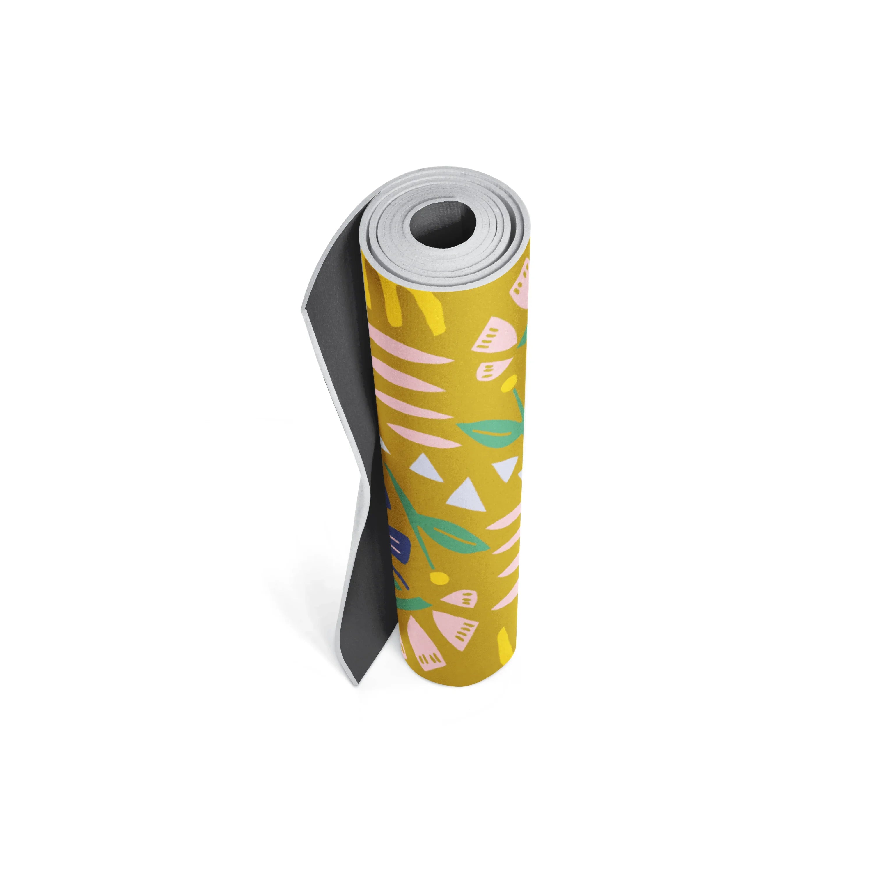 Roll of yellow yoga mat with colorful patterns on a white background