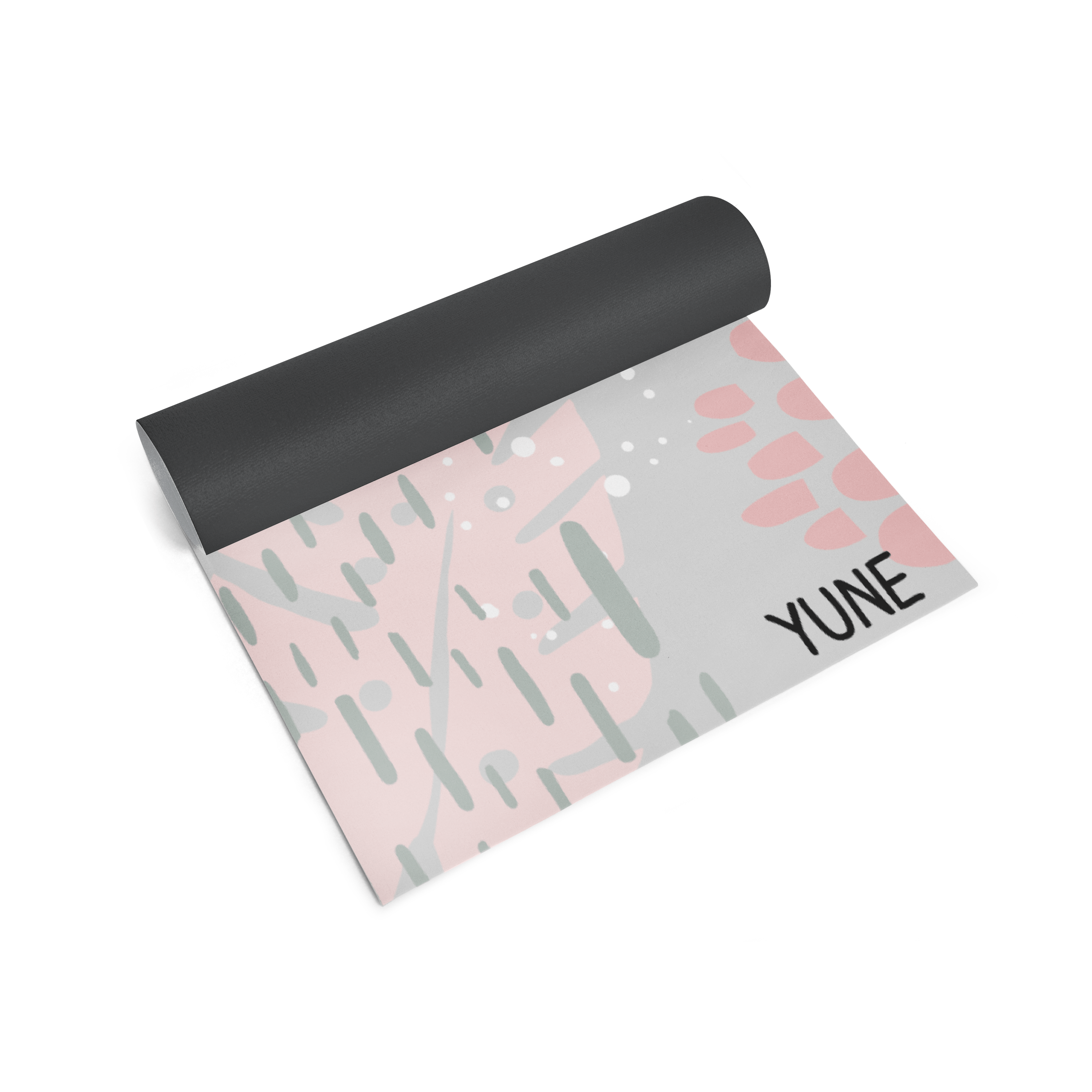 Yoga mat with pink and gray pattern and 'YUNE' branding on a white background