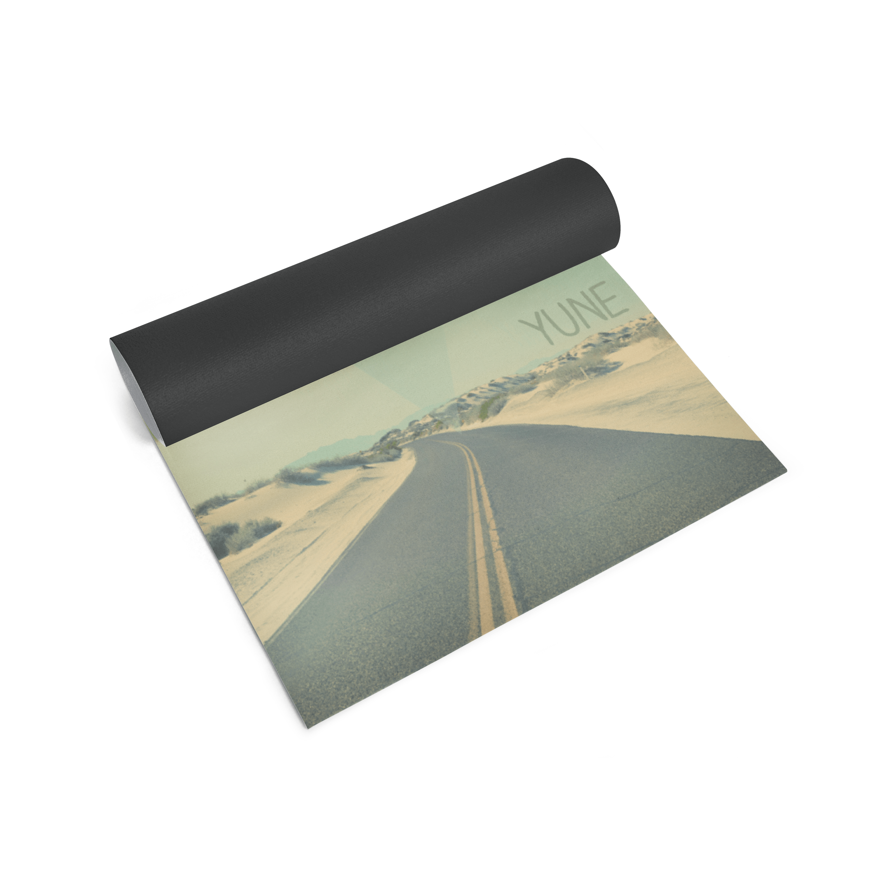 Yoga mat with a scenic design and 'Yune' branding on a white background