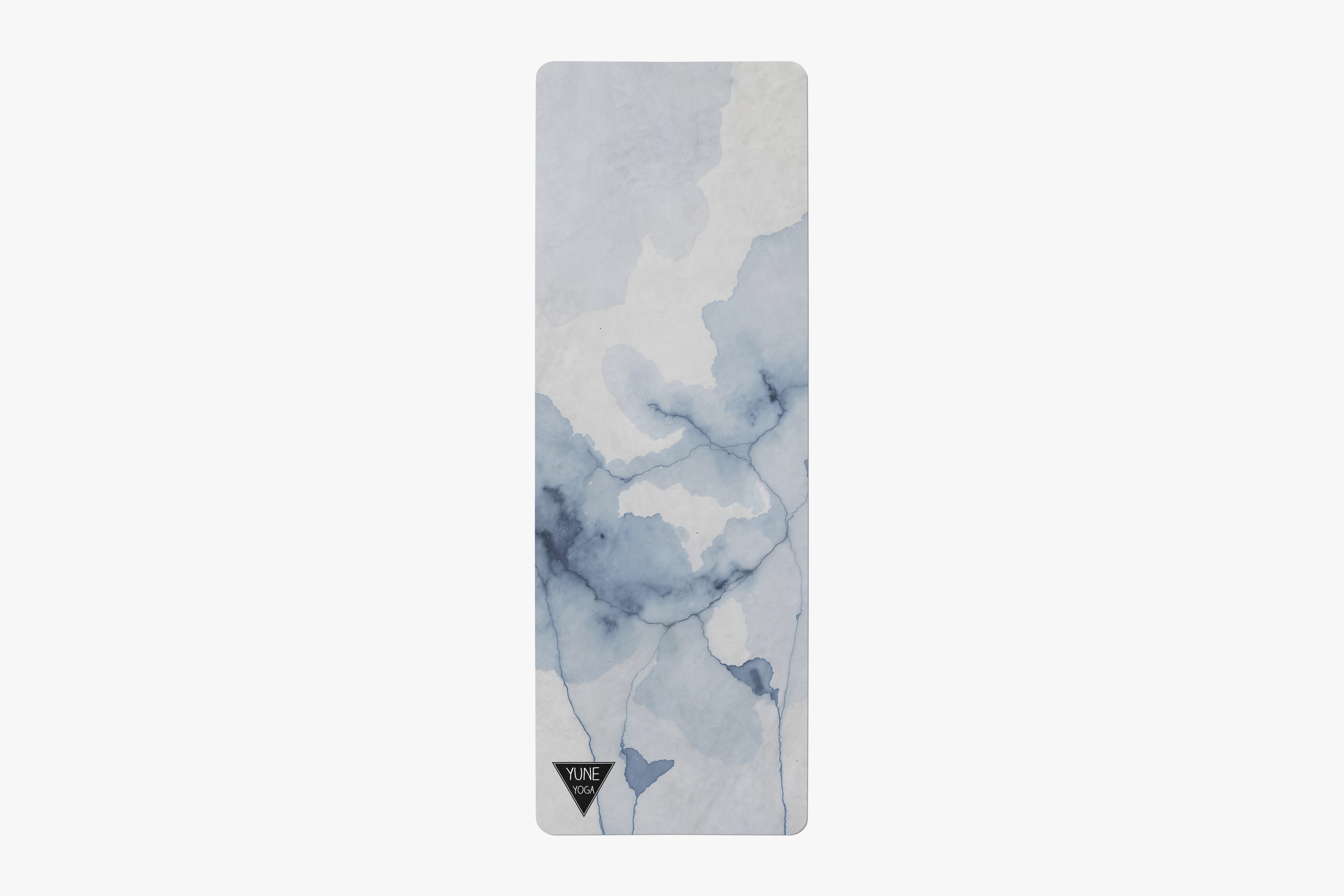 Yoga mat with blue and white abstract pattern on a white background