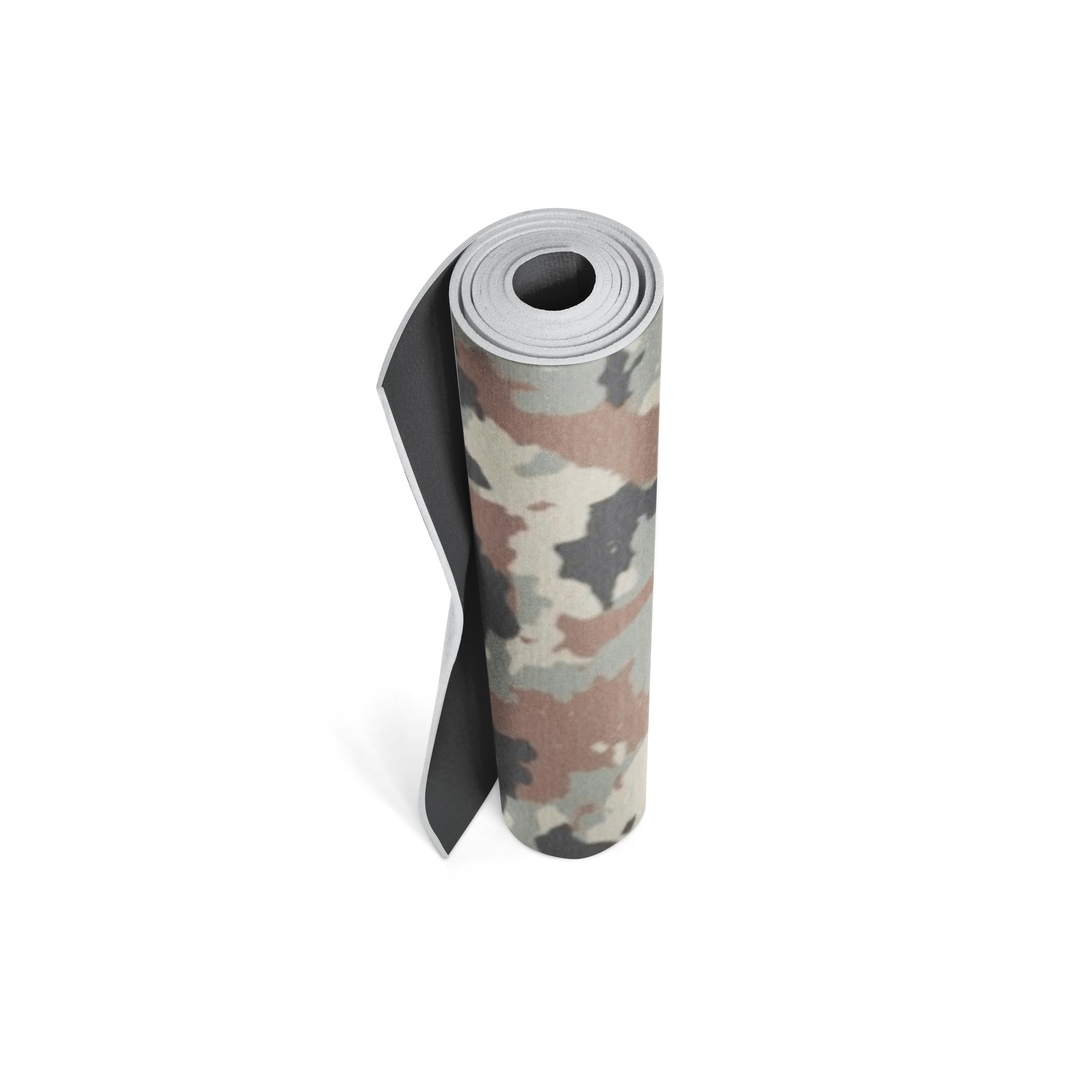 Camouflage-patterned yoga mat on a white background