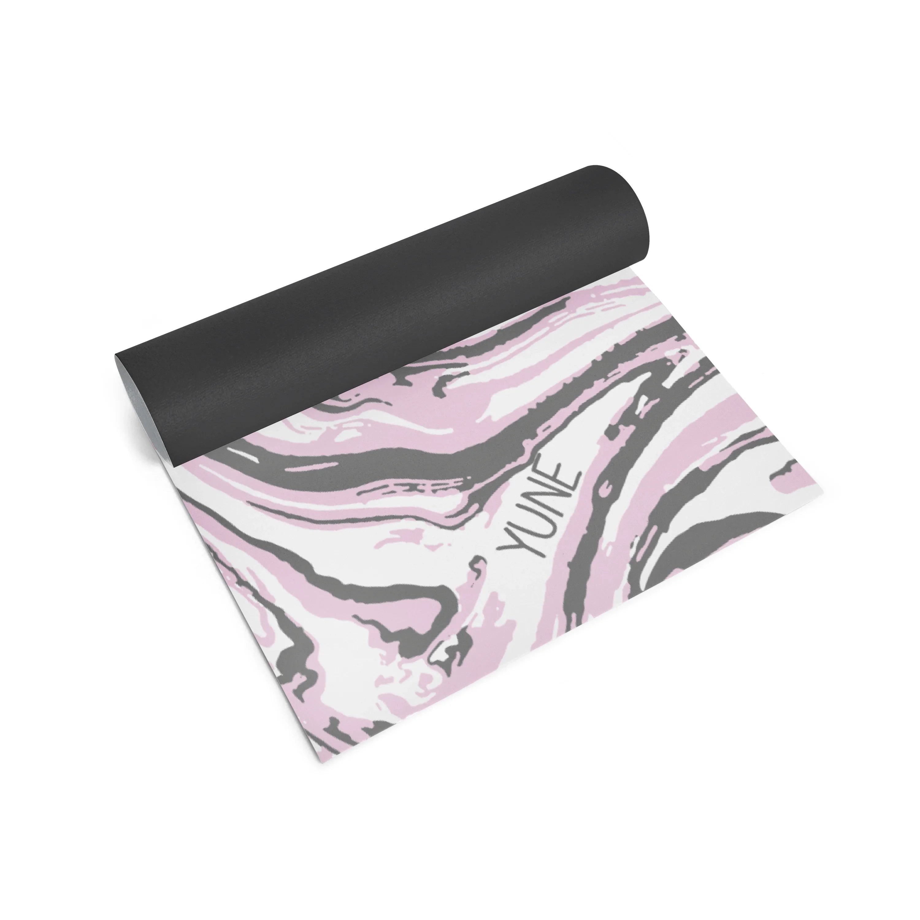 Yoga mat with pink and gray marbled pattern on a white background