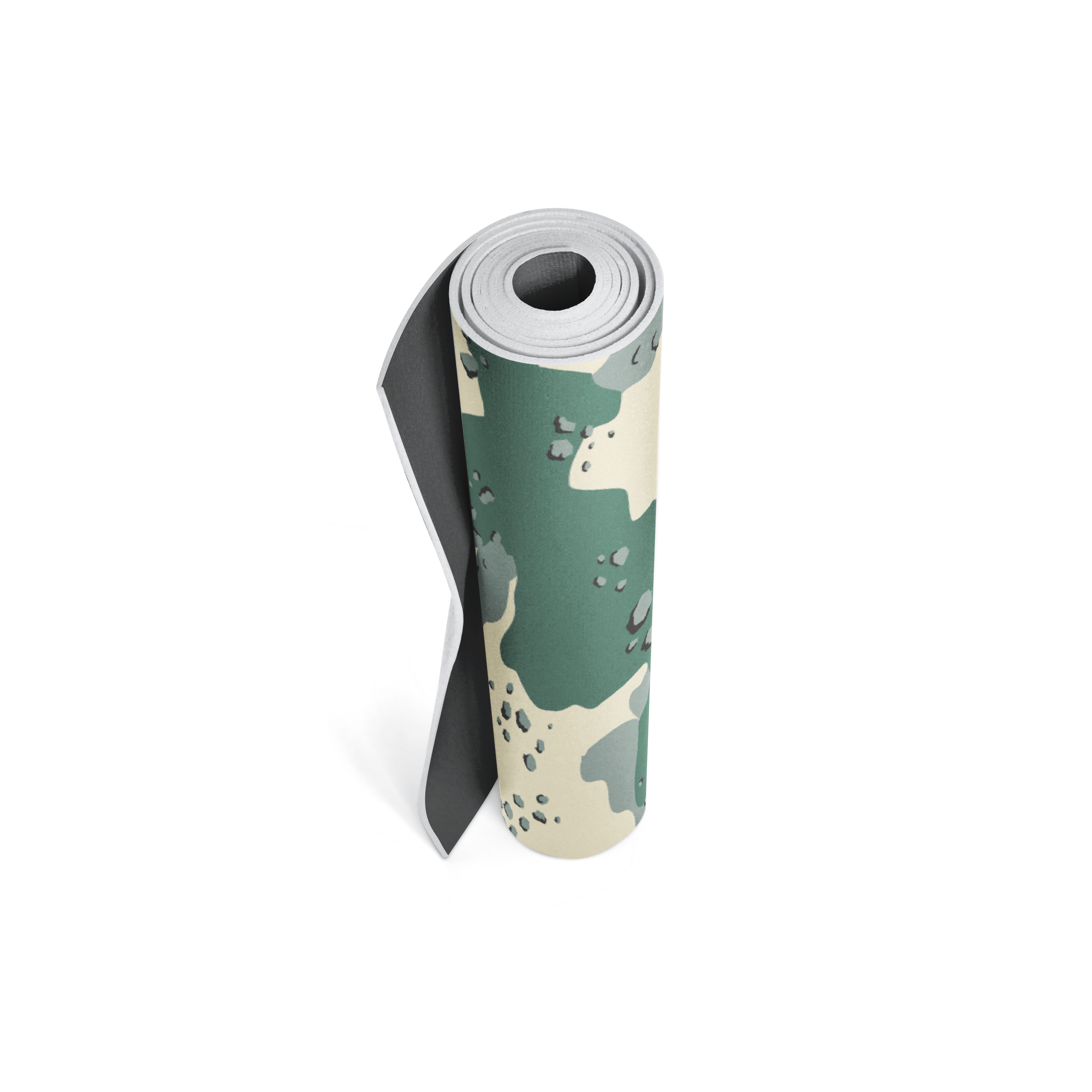 Roll of camouflage-patterned paper on a white background