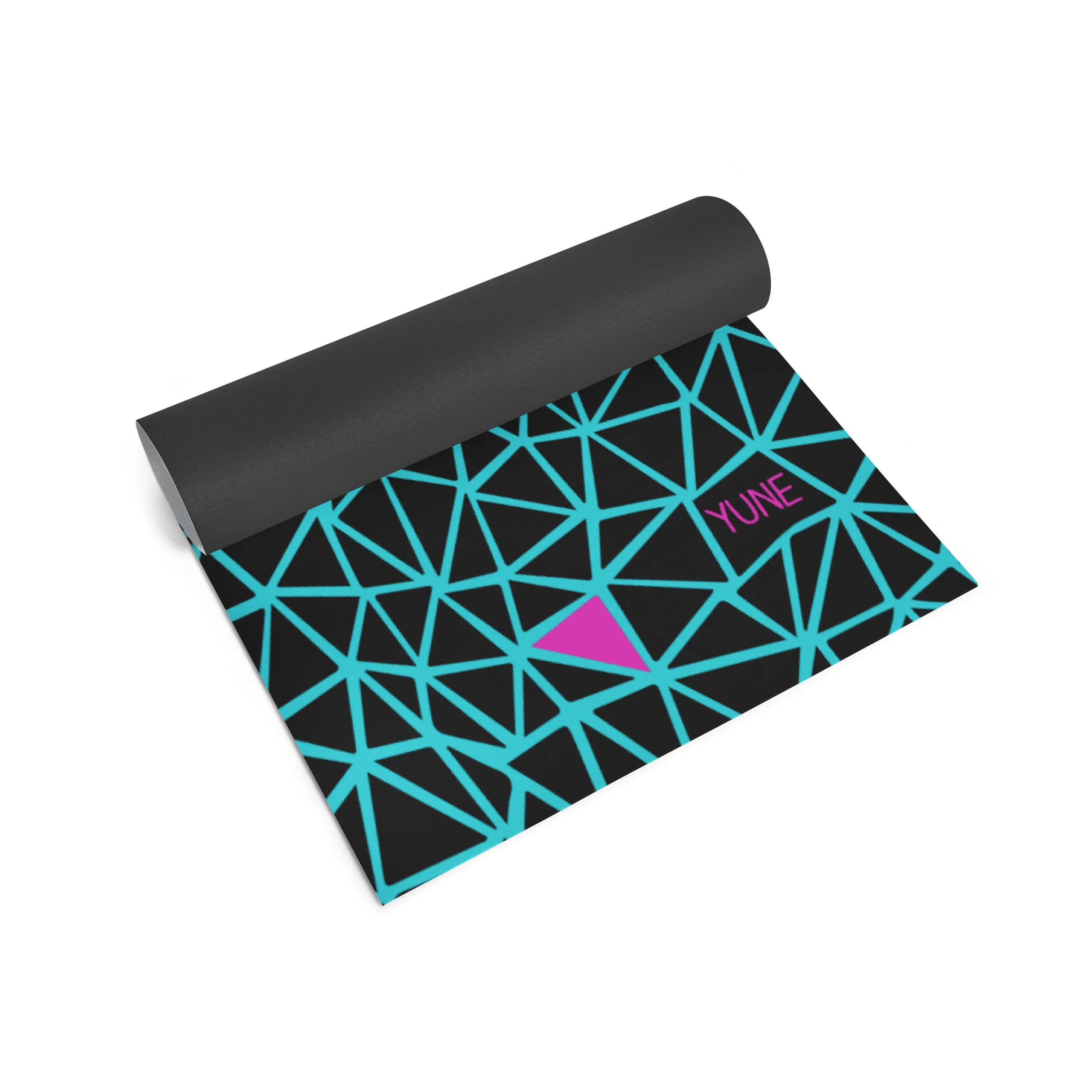 Yoga mat with geometric pattern and 'Yume' branding on a white background