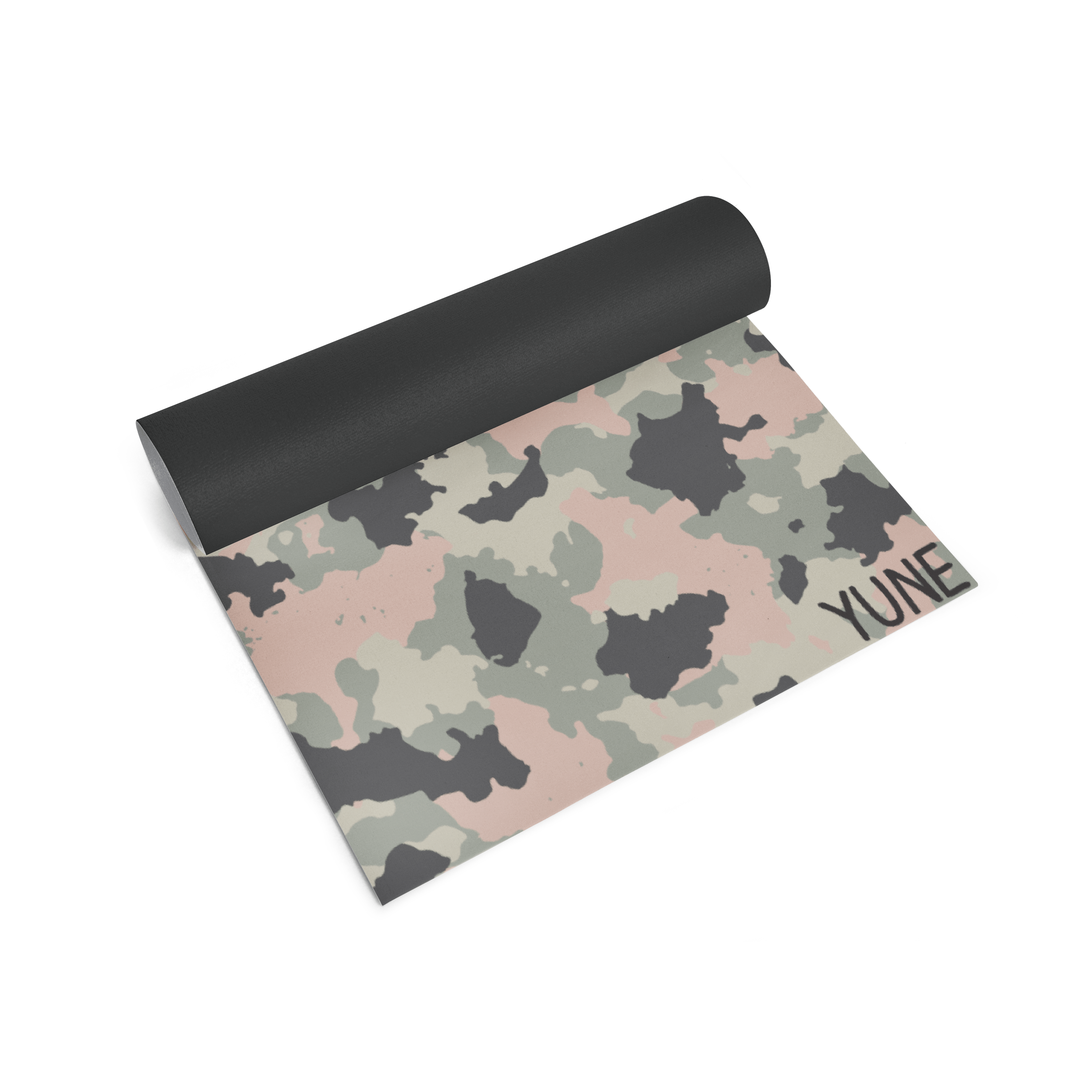 Camouflage-patterned yoga mat with 'YUEN' branding on a white background