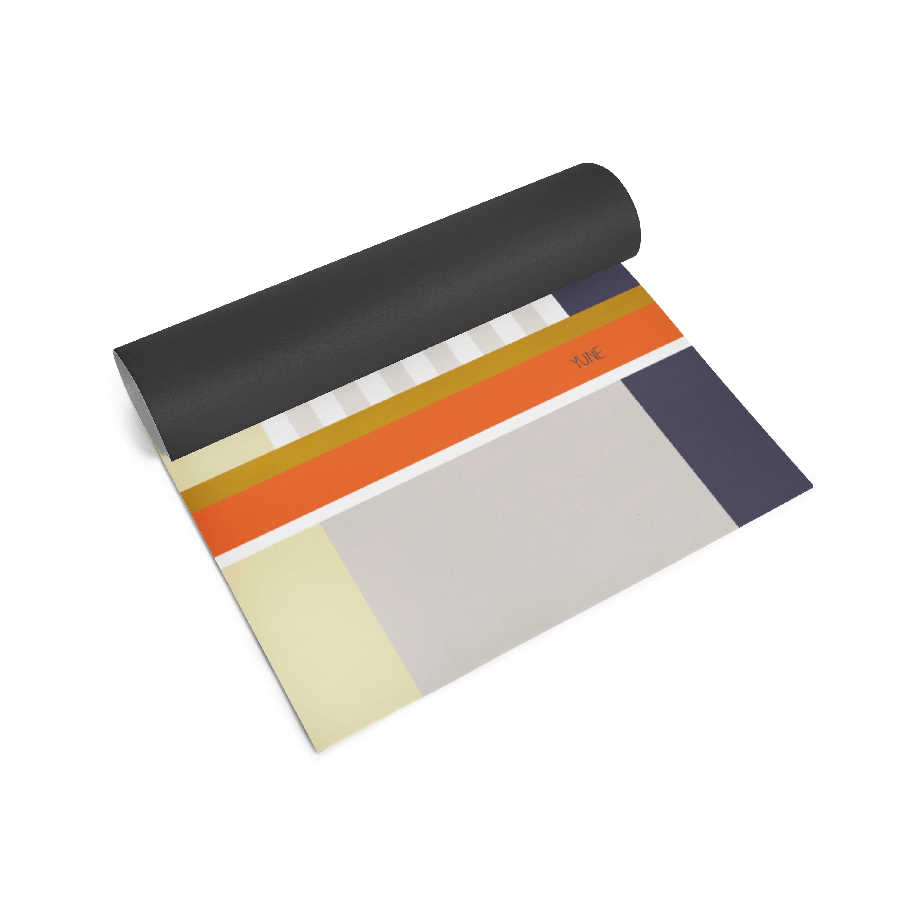 Colorful yoga mat with geometric pattern on a white background