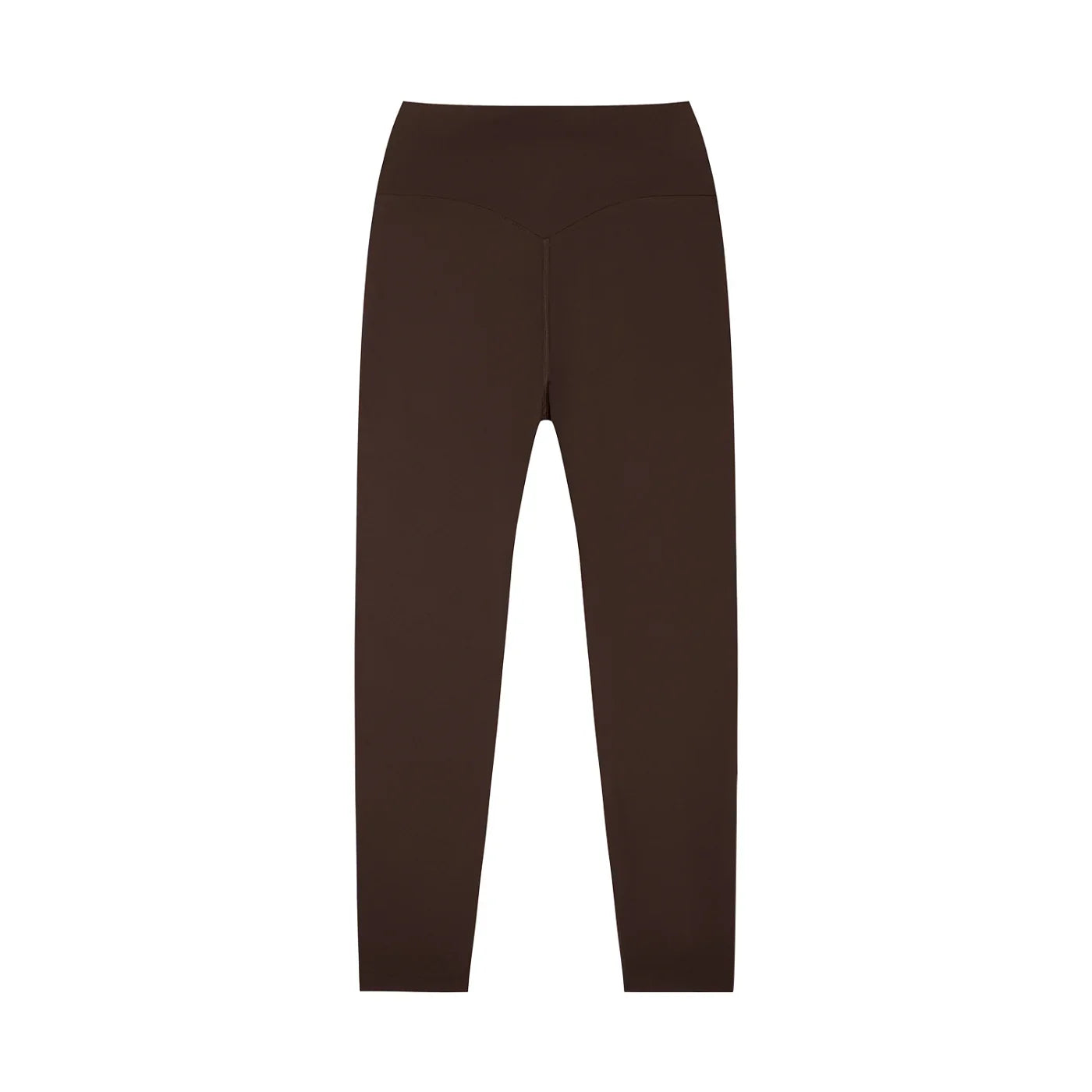 High-waisted brown yoga leggings with seamless design, flat lay on white background