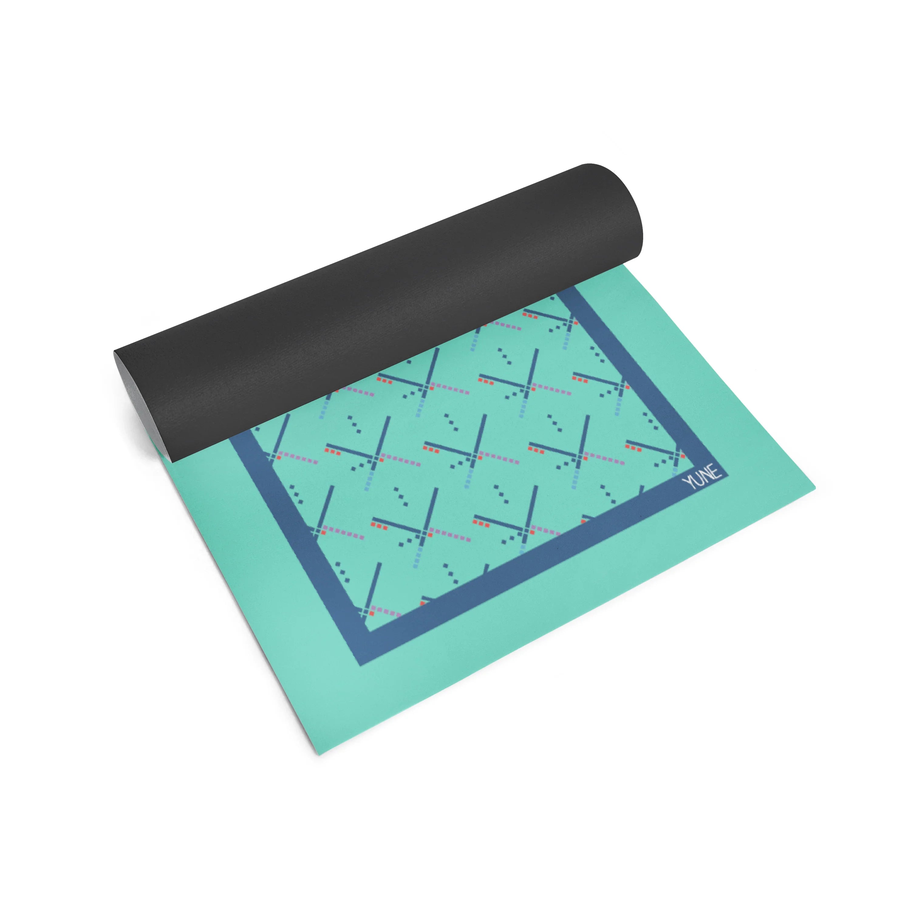 Yoga mat with black edge and teal surface featuring a pattern, on a white background