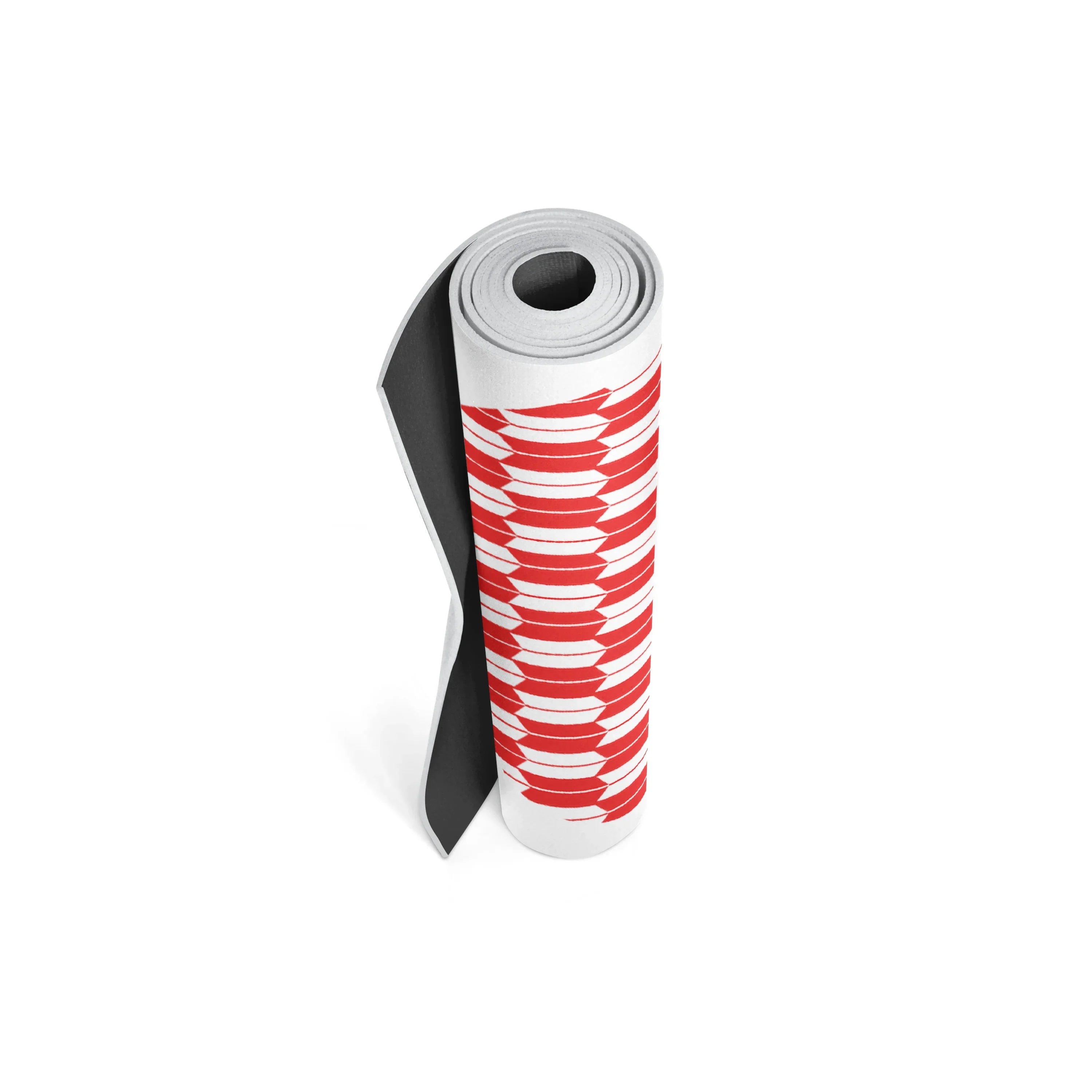 Yoga mat with red and white pattern on a white background