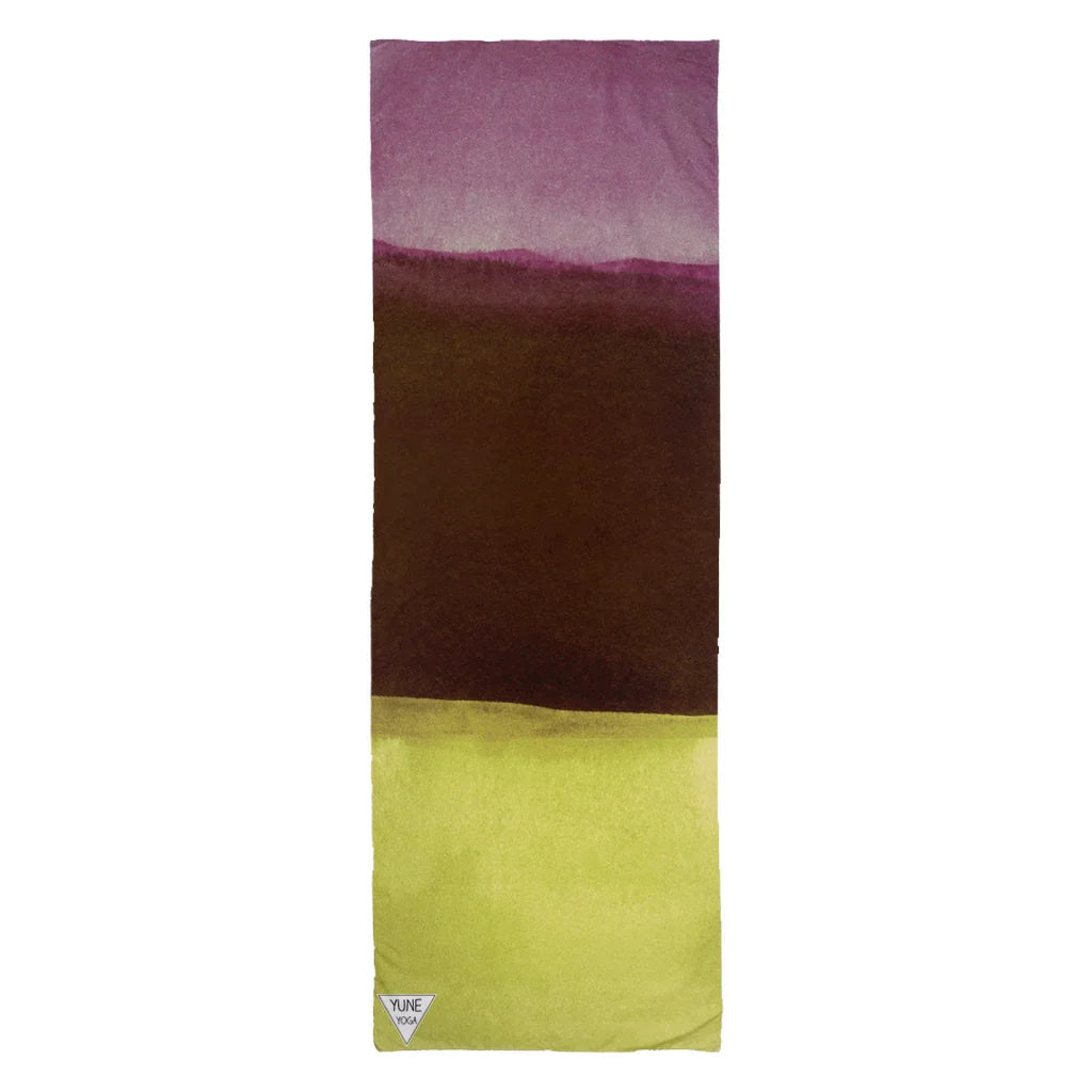 Color block yoga mat towel with purple, brown, and yellow gradient design