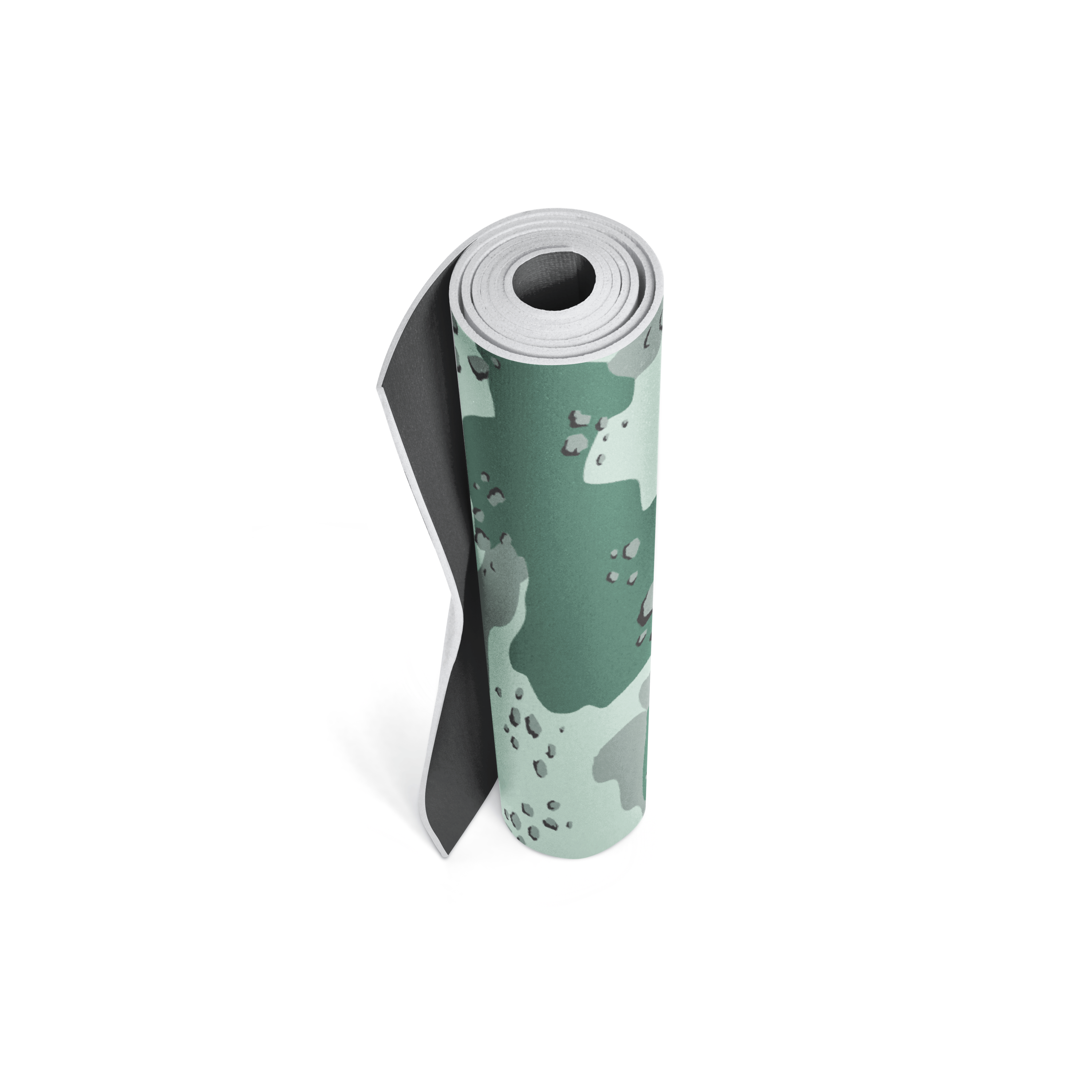 Roll of green and gray patterned paper on a white background