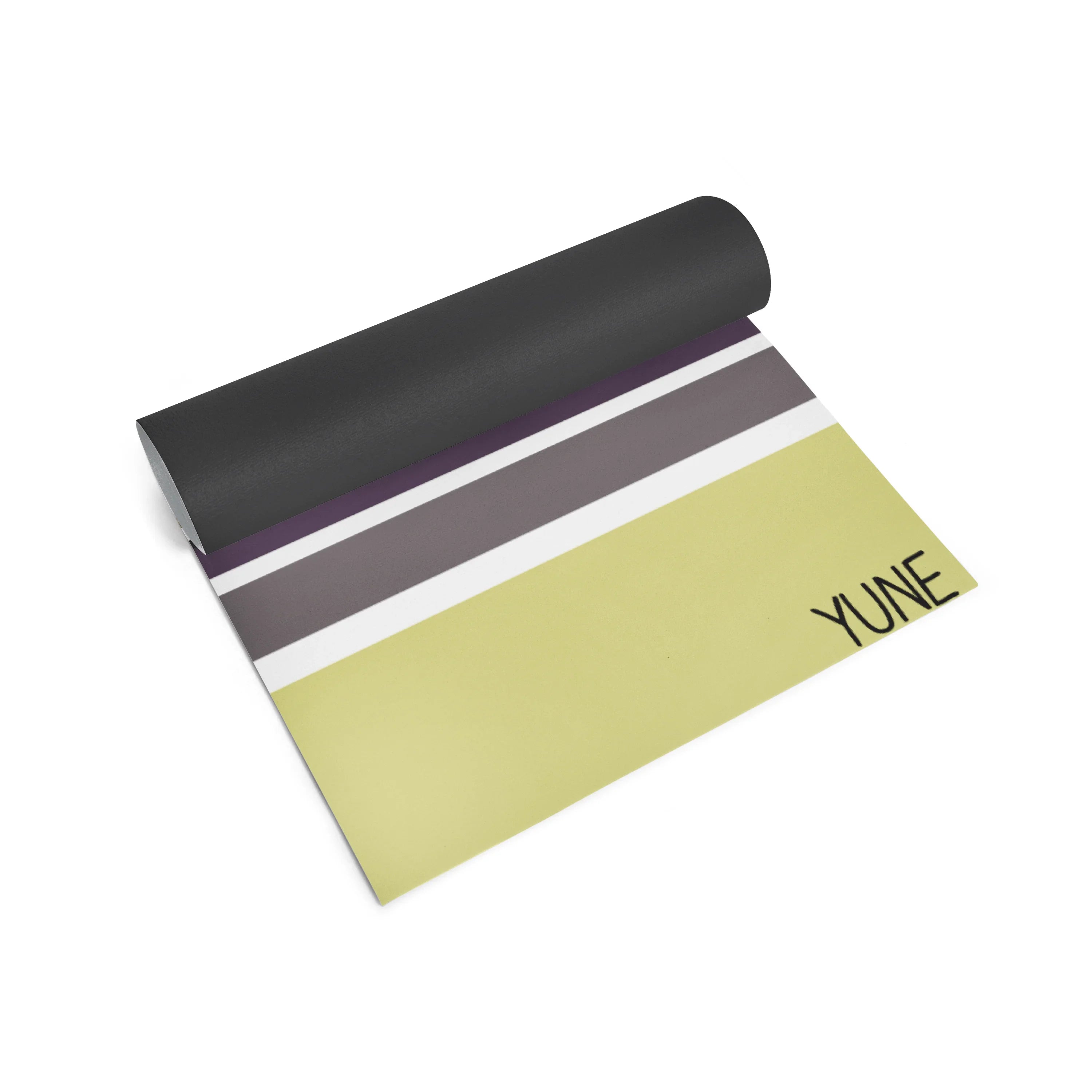 Yoga mat with color stripes and 'YUNE' branding on a white background