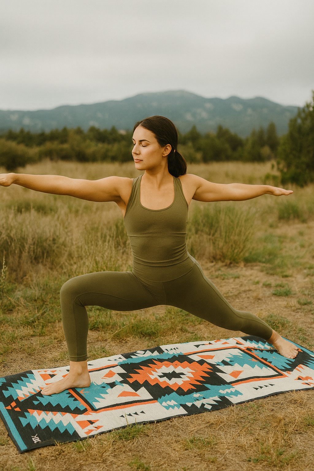 Woman in green athletic wear practicing yoga on a colorful mat in a natural setting with mountains in the background.
