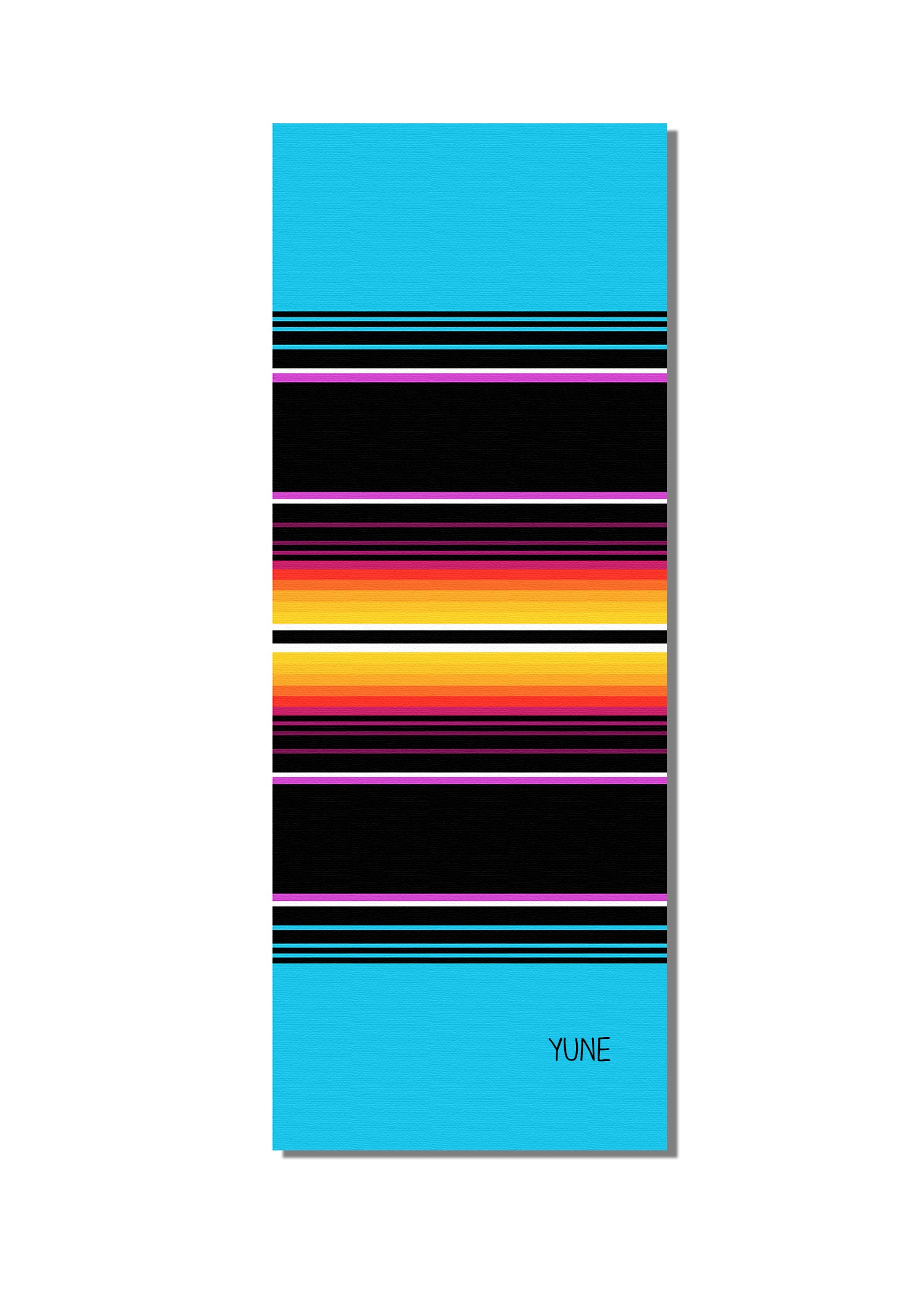Yoga mat with colorful striped design on a white background