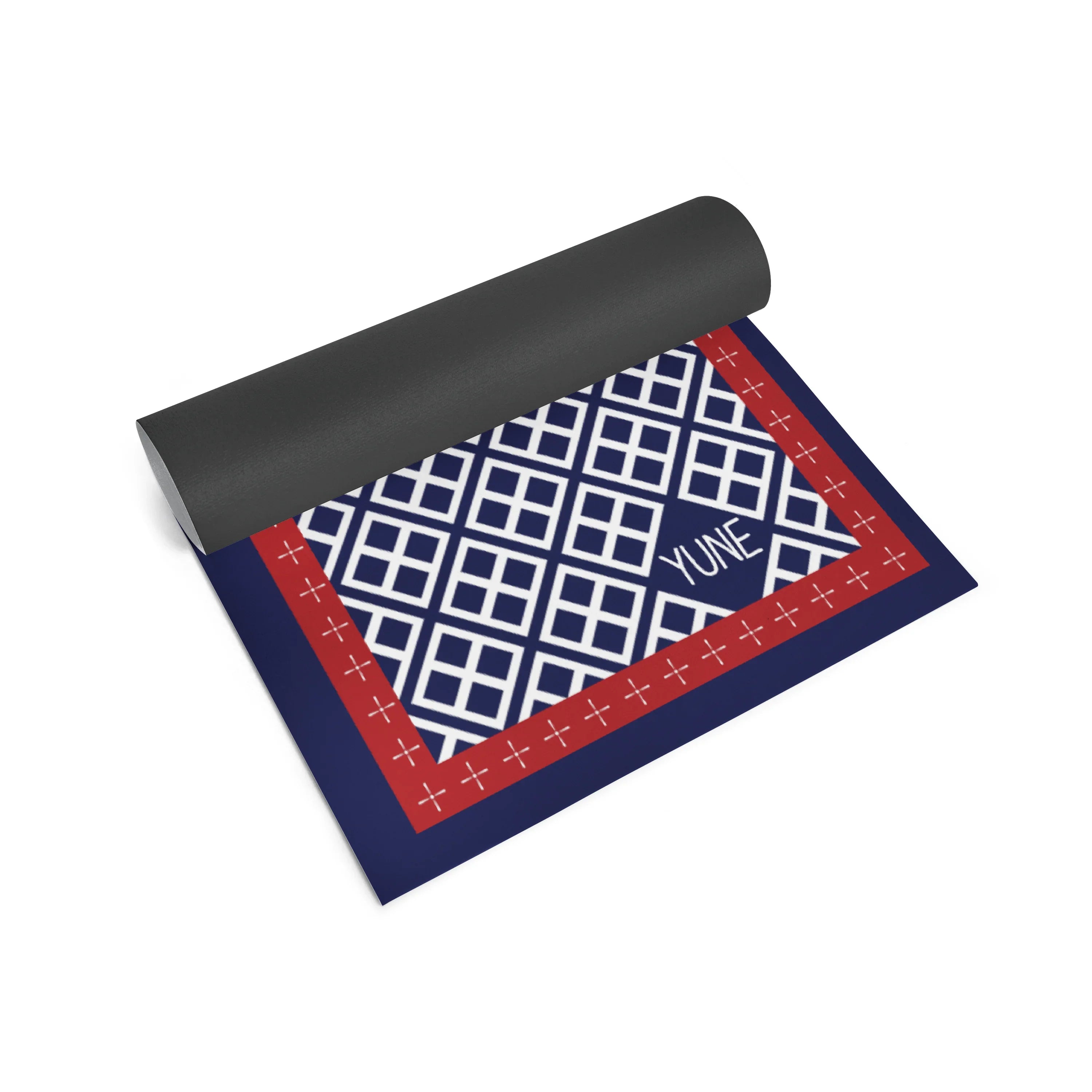 Yoga mat with geometric pattern and 'Yume' branding on a white background