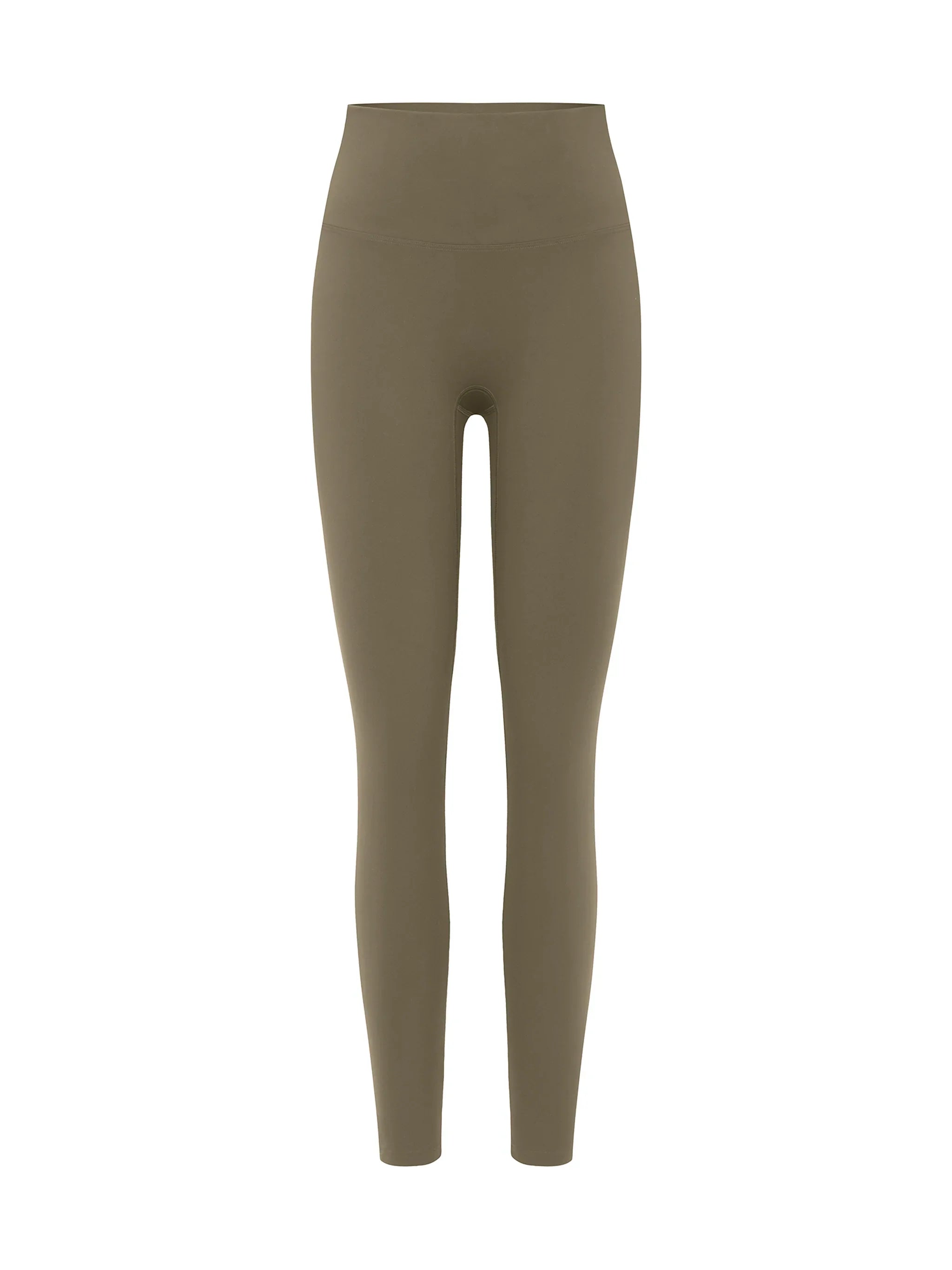High-waisted olive green yoga leggings with seamless design against white background