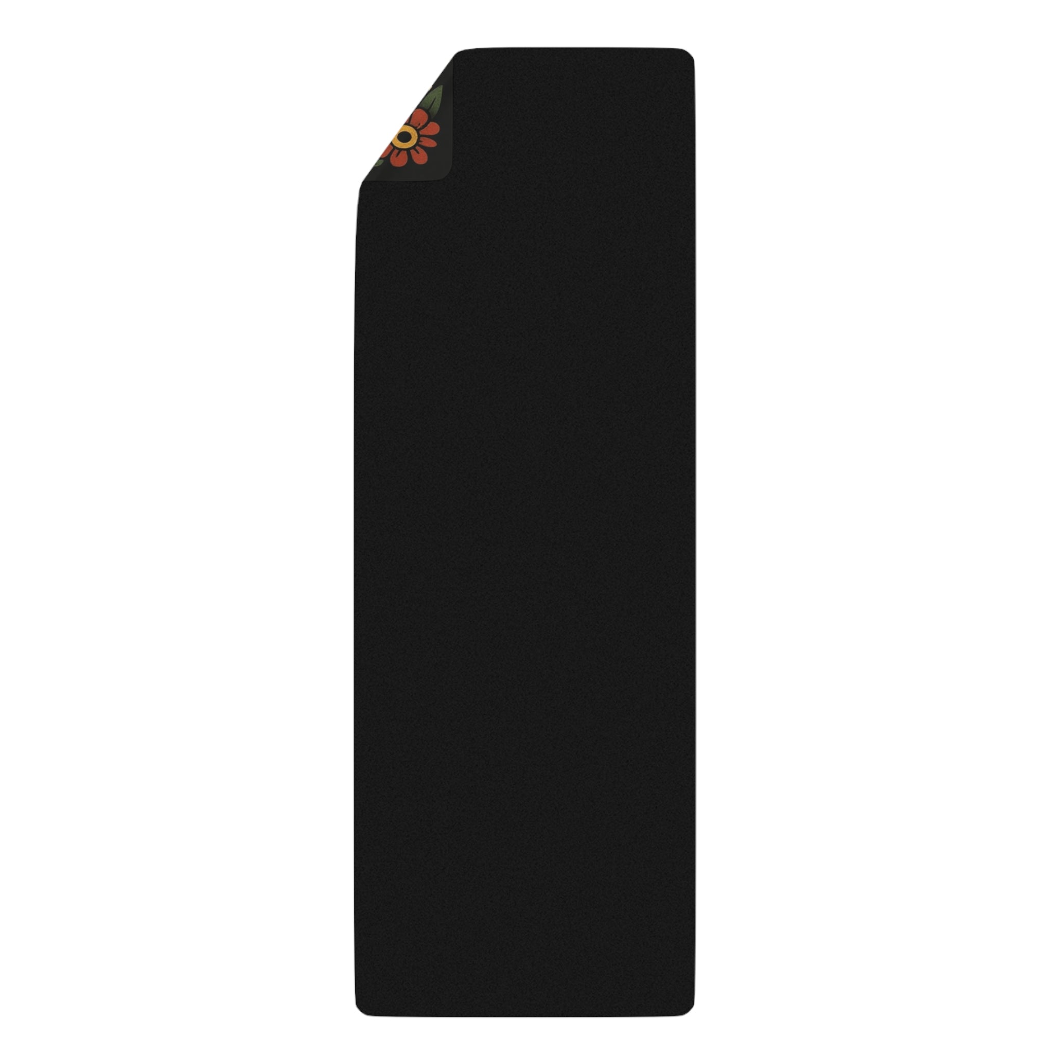 Black yoga mat with a brand logo on a white background