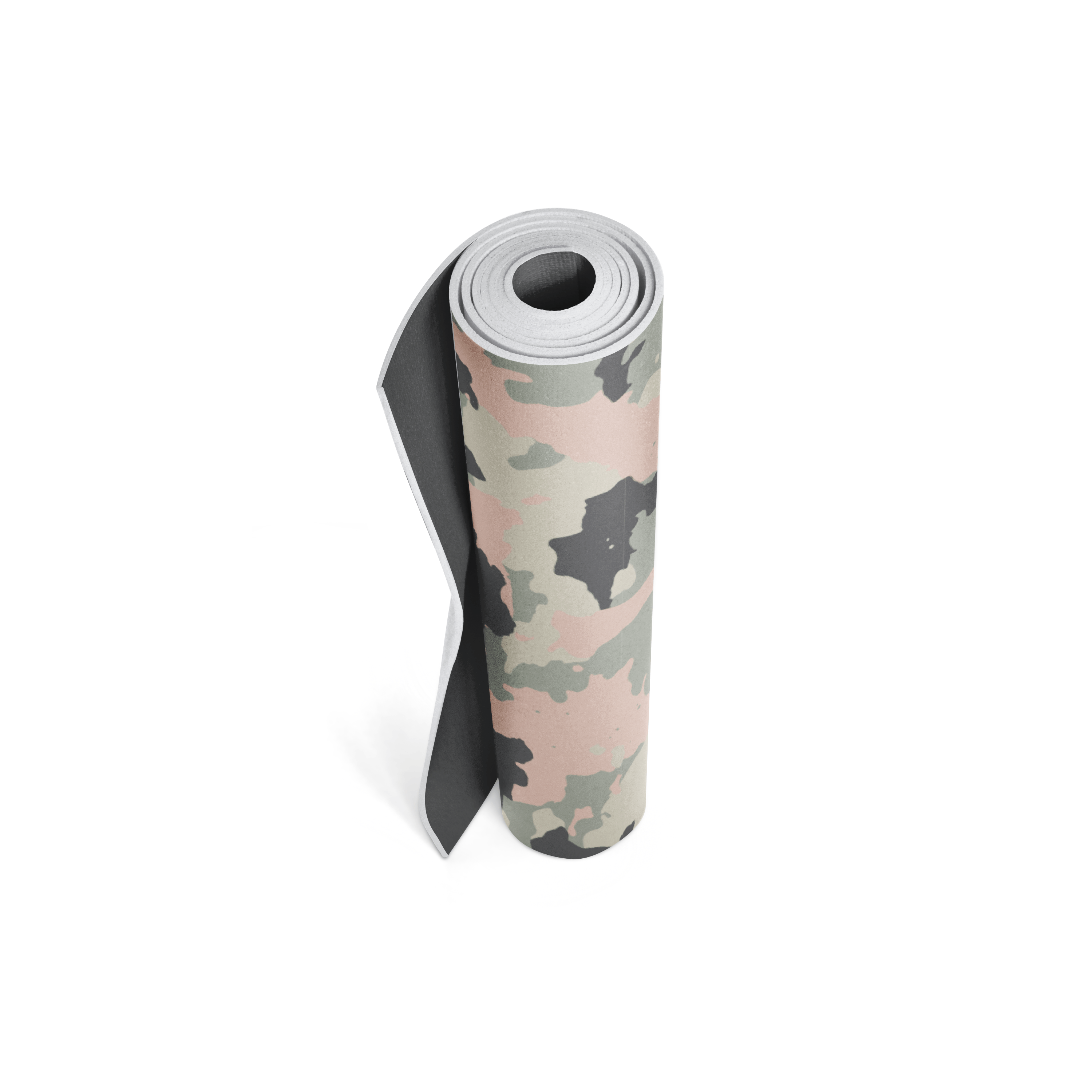 Roll of camouflage-patterned yoga mat on a white background