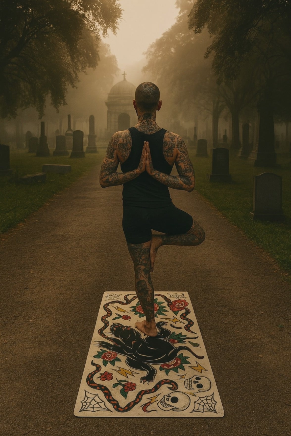 traditional tattoo yoga mat skull and roses print
